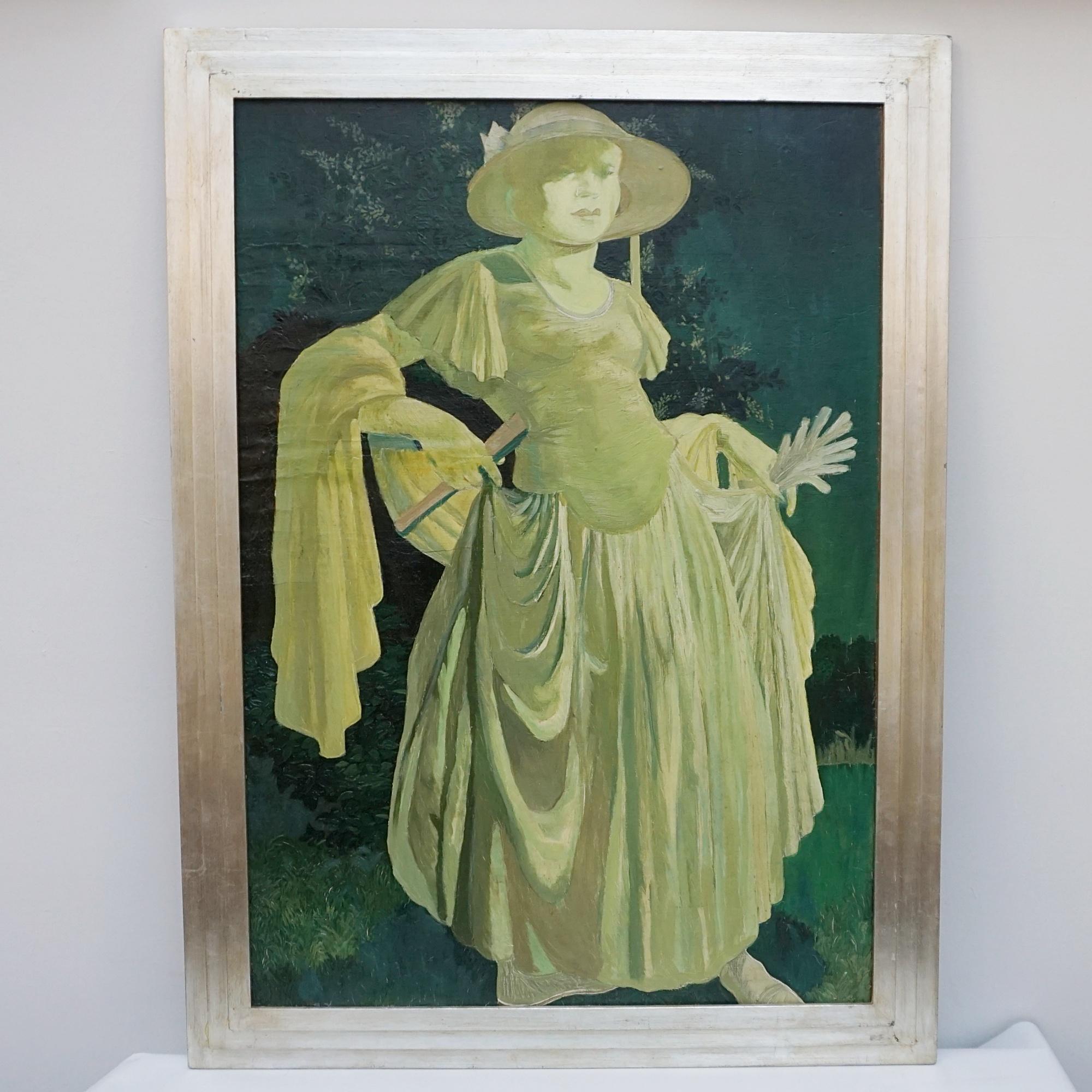 'A Moonlit Vision'. An oil on board painting by the circle of Marcel Delmotte. Depicting a maiden holding her fan. Set against a silvered Art Deco frame. 

Dimensions: H 100.3cm W 70.5cm

Origin: Belgian

Date: Circa 1930

Item Number: 0112232