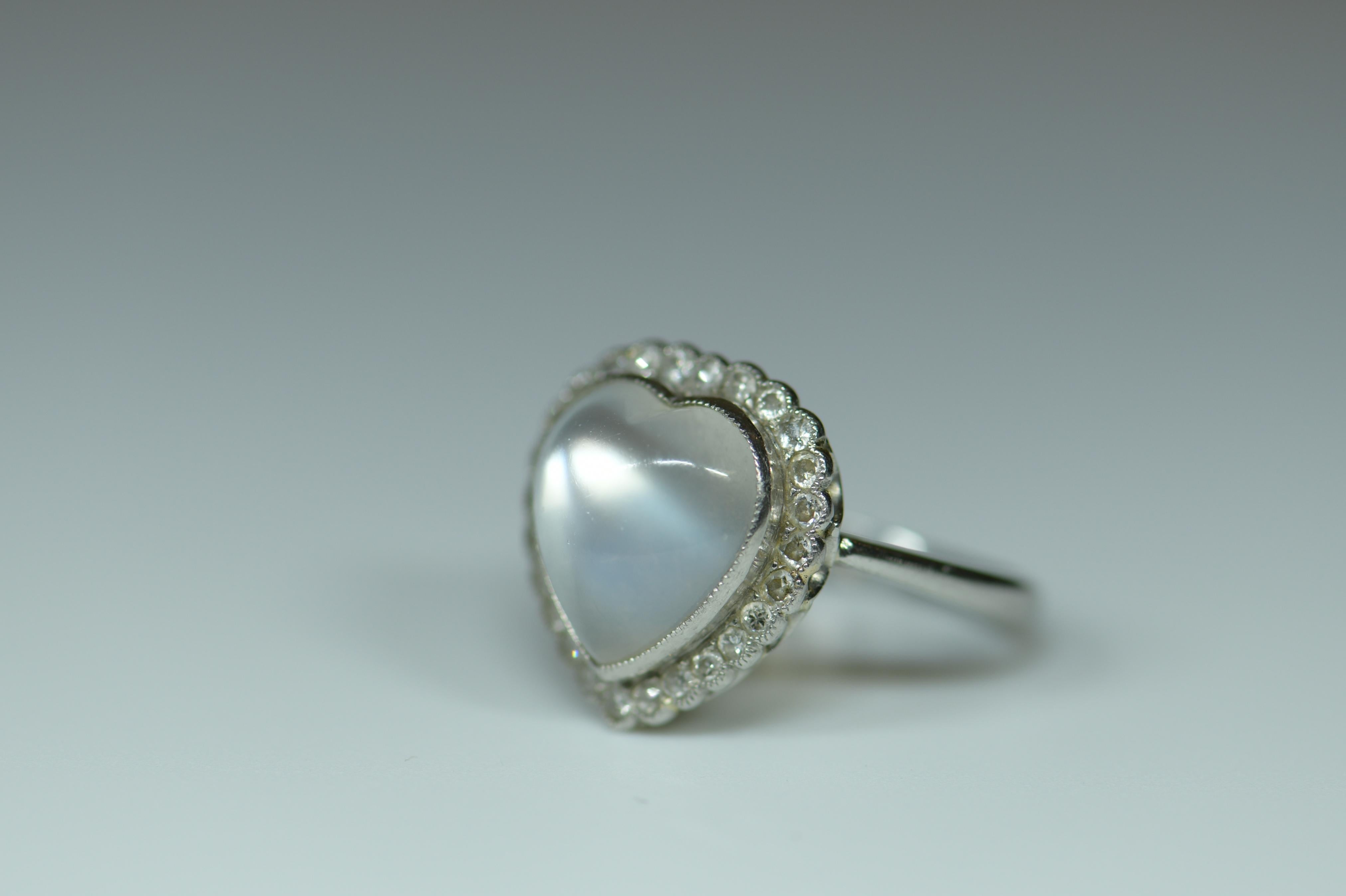 Edwardian Moonstone and Diamond Heart Cluster Ring