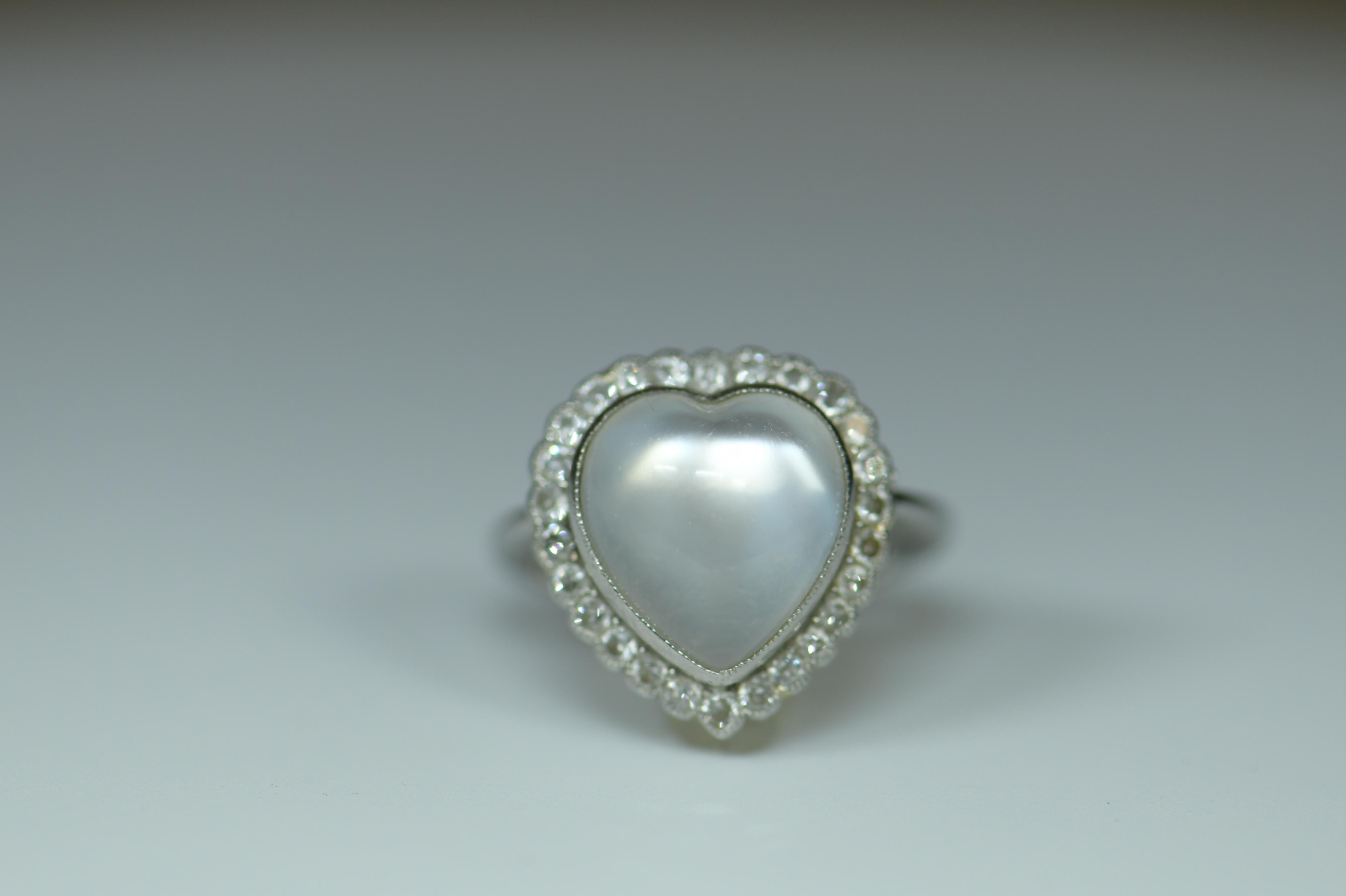 Heart Cut Moonstone and Diamond Heart Cluster Ring