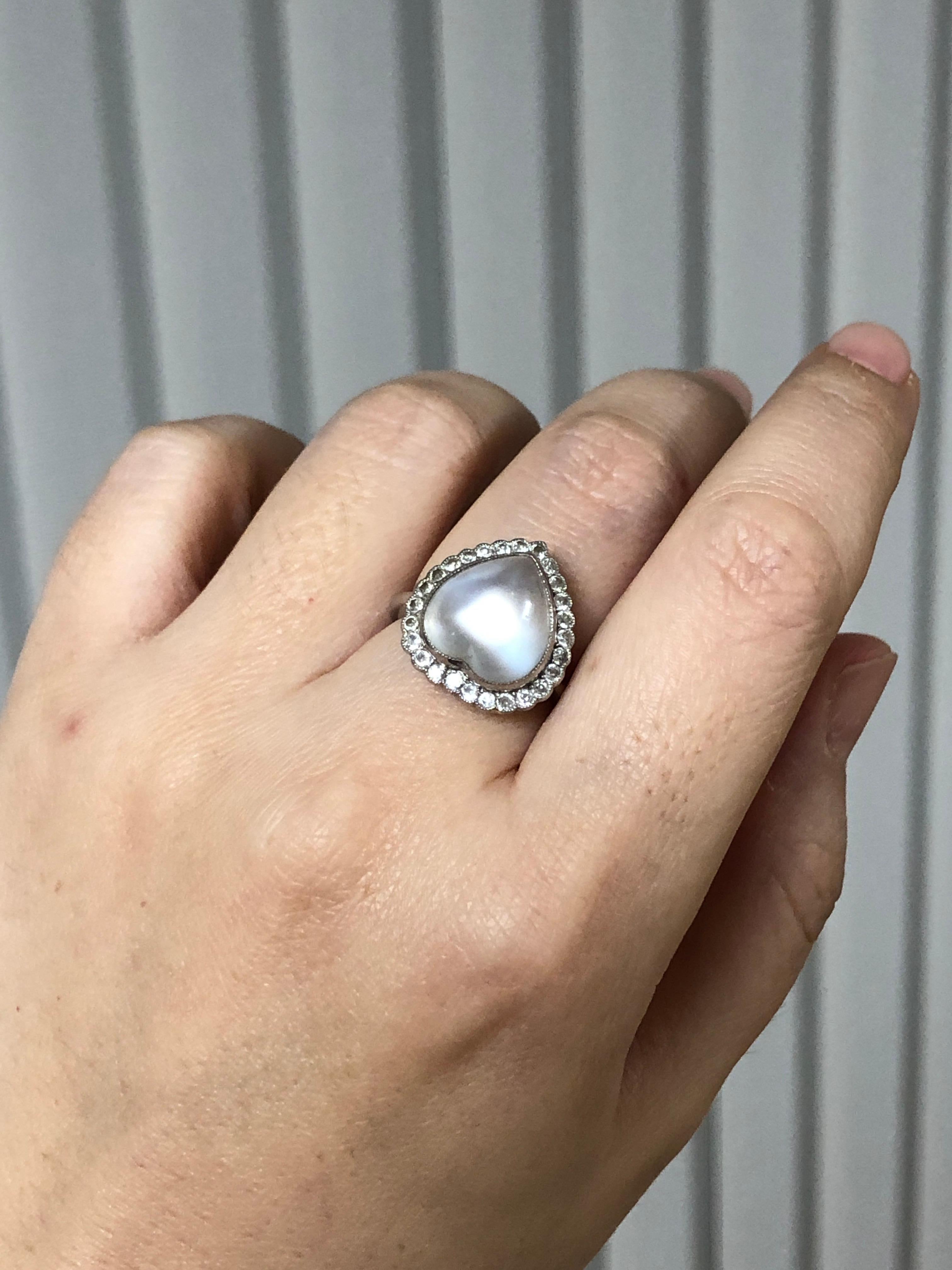 Moonstone and Diamond Heart Cluster Ring In Excellent Condition In Banbury, GB