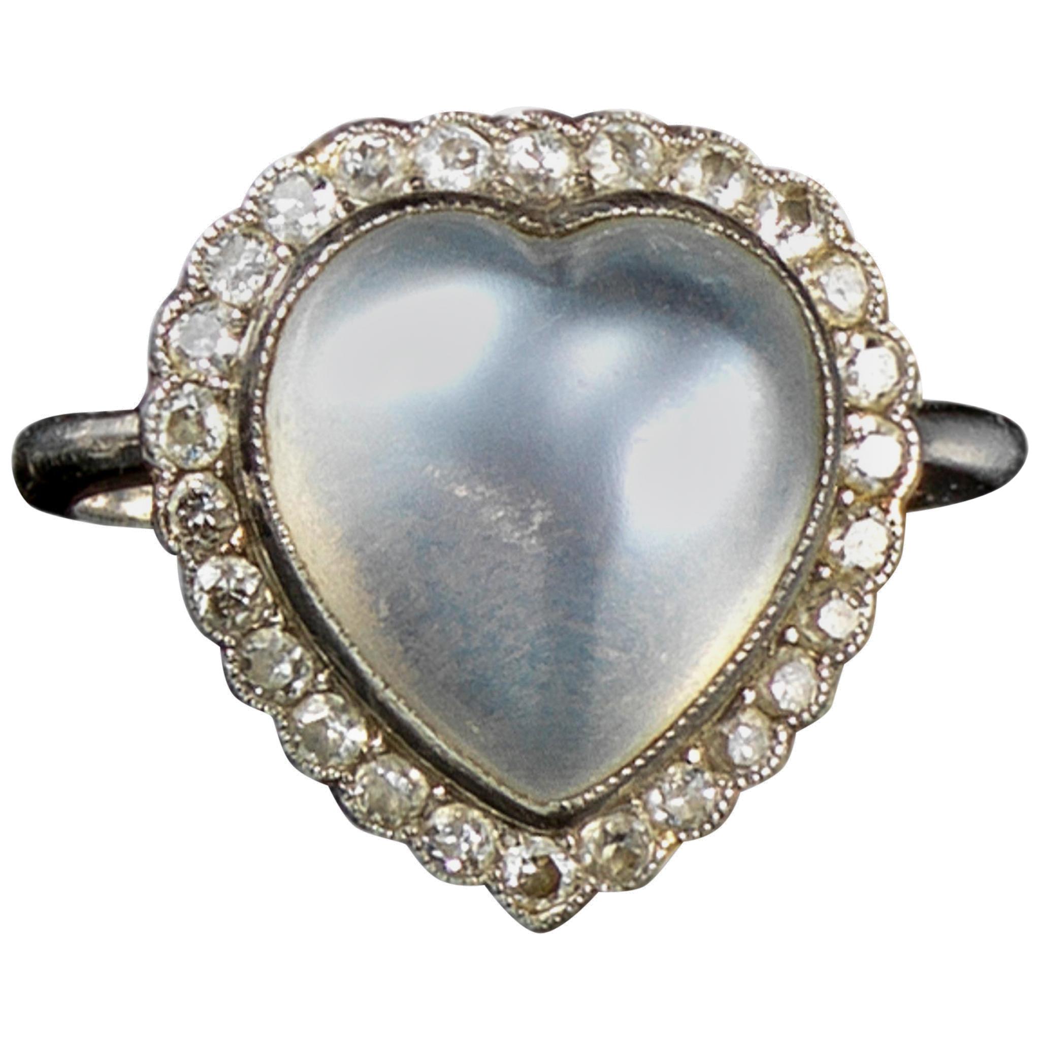 Moonstone and Diamond Heart Cluster Ring