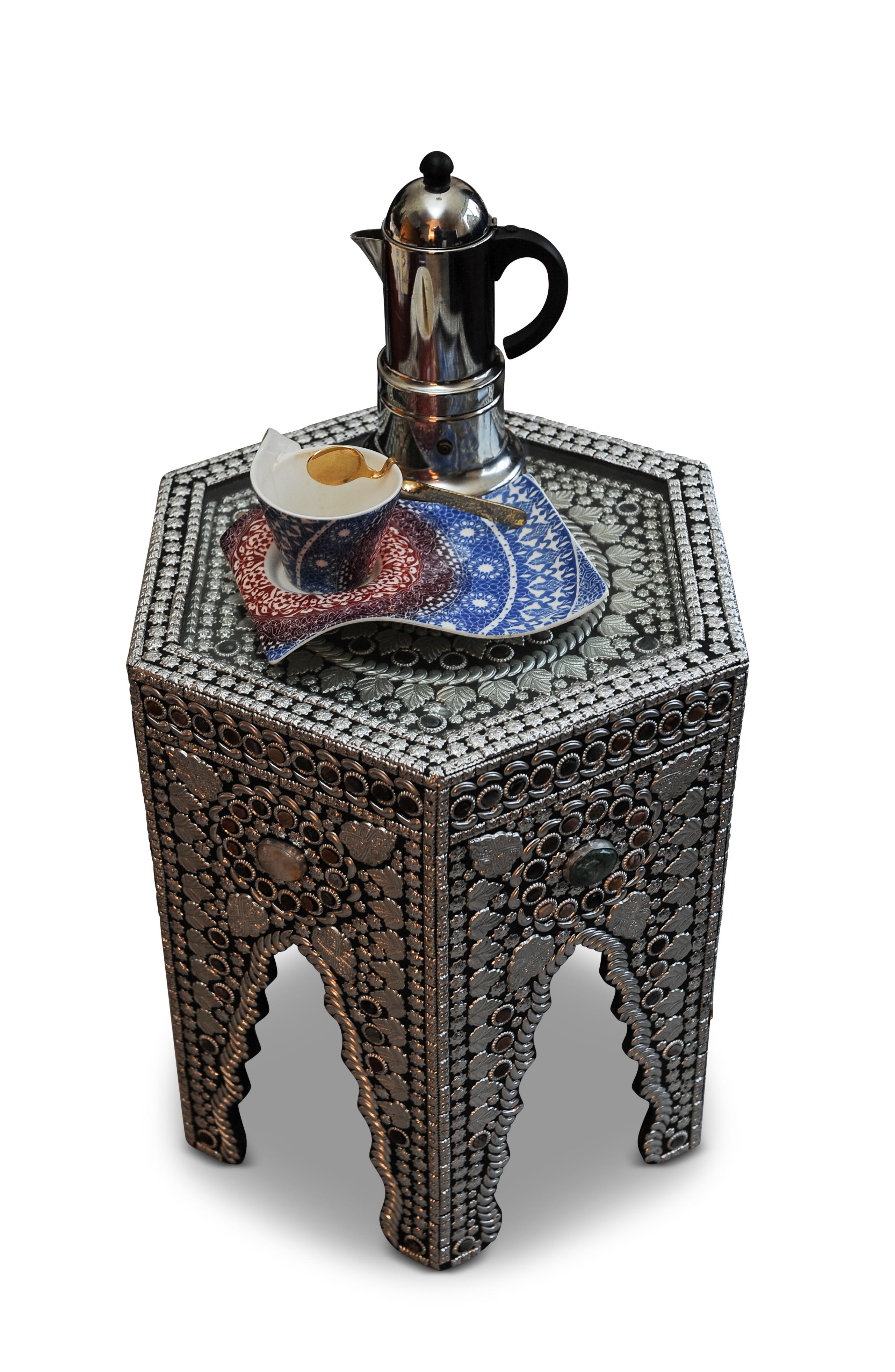 Handcrafted Moorish Design Decorative Hexagonal Glazed Coffee Table Mounted With Semi Precious Stones from Asia
