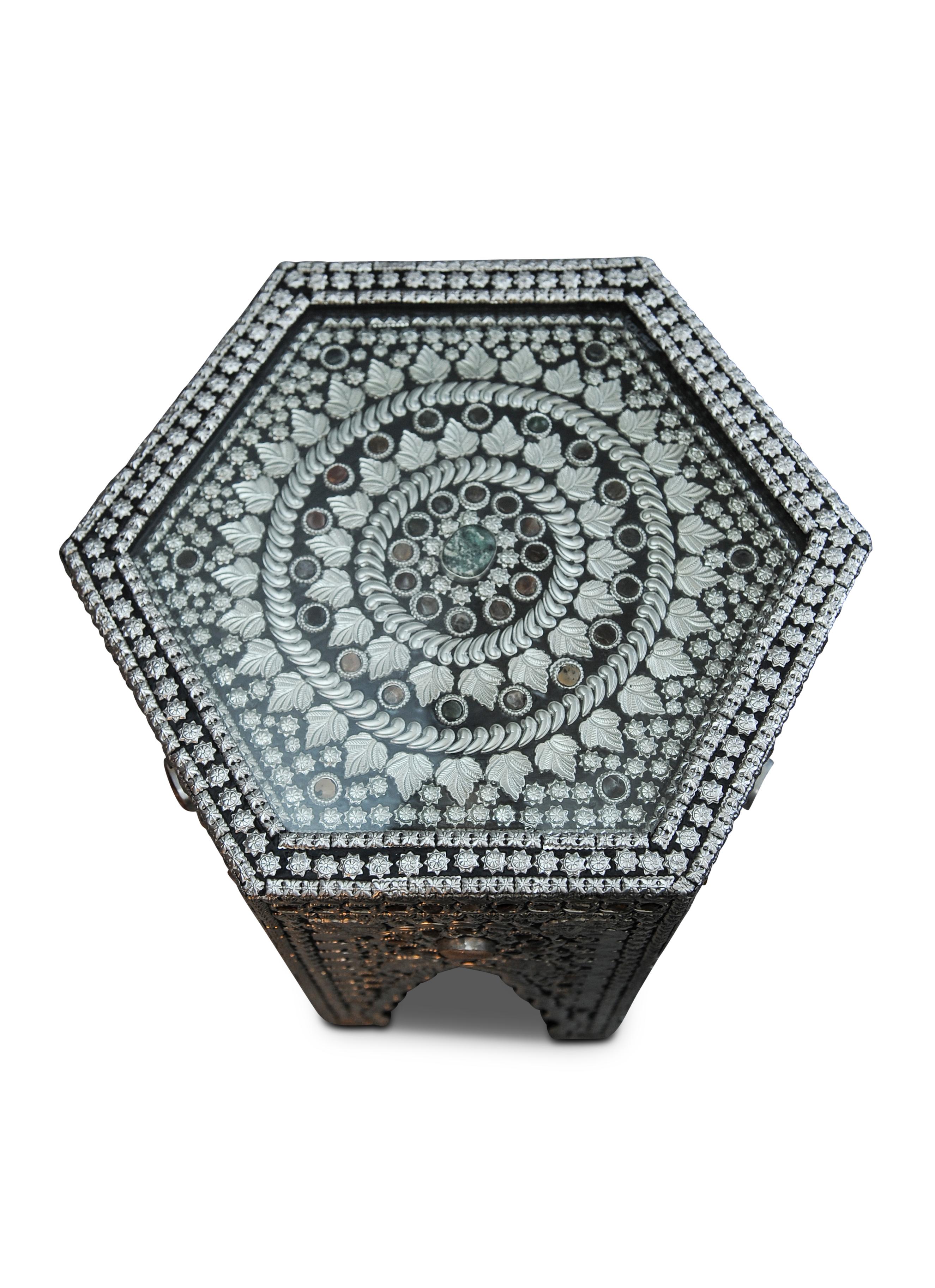 Islamic A Moorish Design Hexagonal Glazed Tea Table with Semi Precious Stones. For Sale