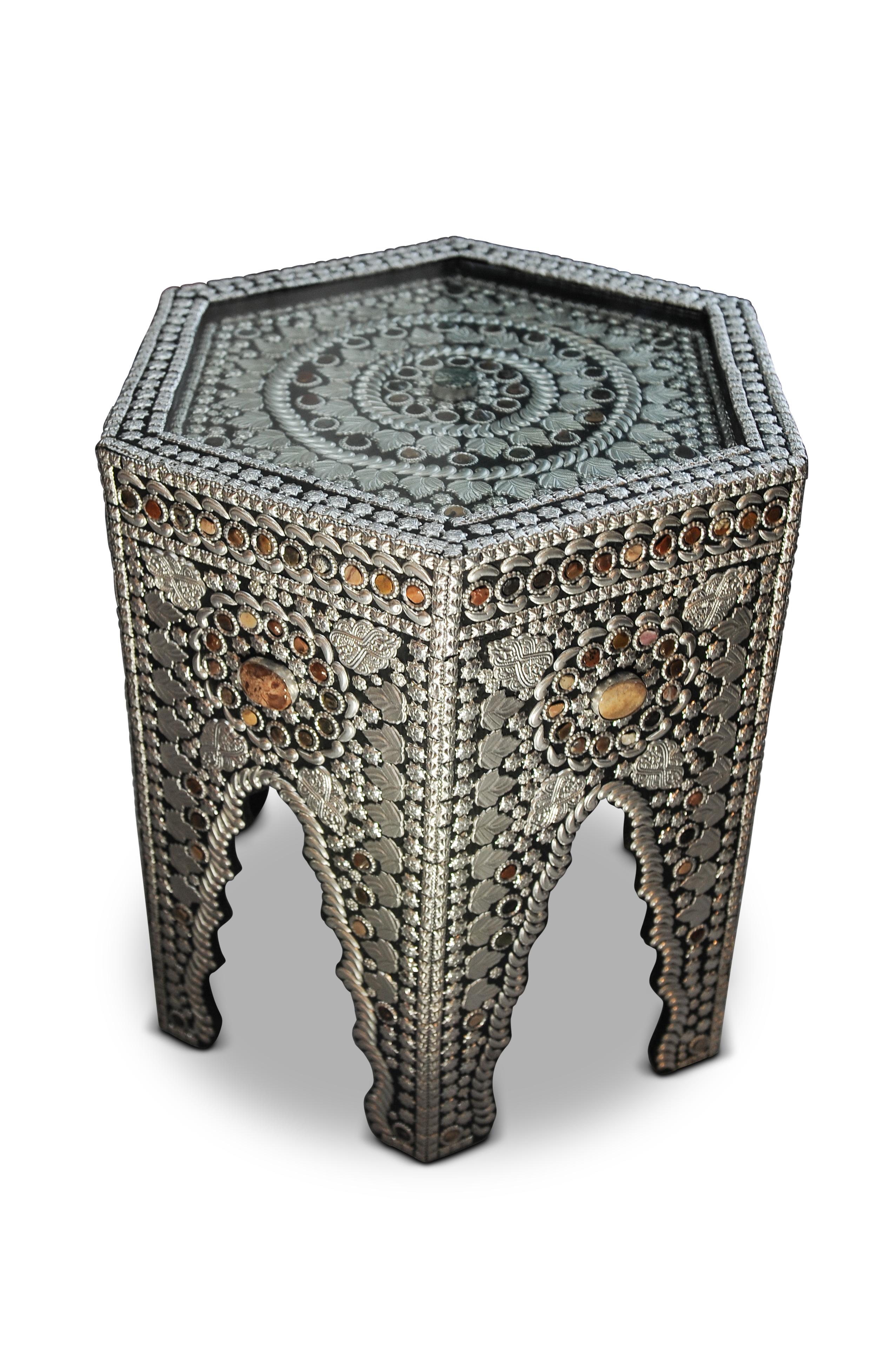 A Moorish Design Hexagonal Glazed Tea Table with Semi Precious Stones. In Good Condition For Sale In High Wycombe, GB