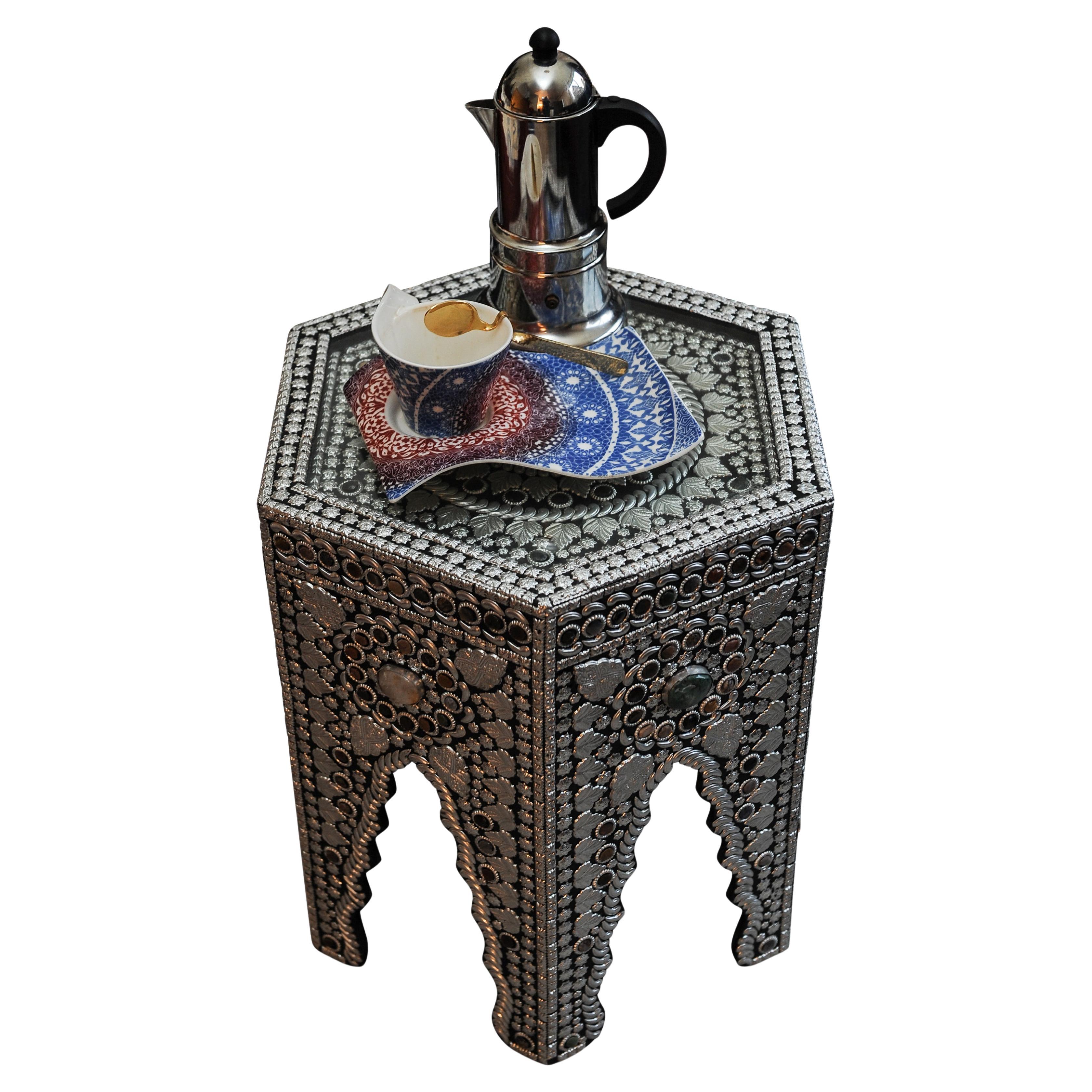 A Moorish Design Hexagonal Glazed Tea Table with Semi Precious Stones.
