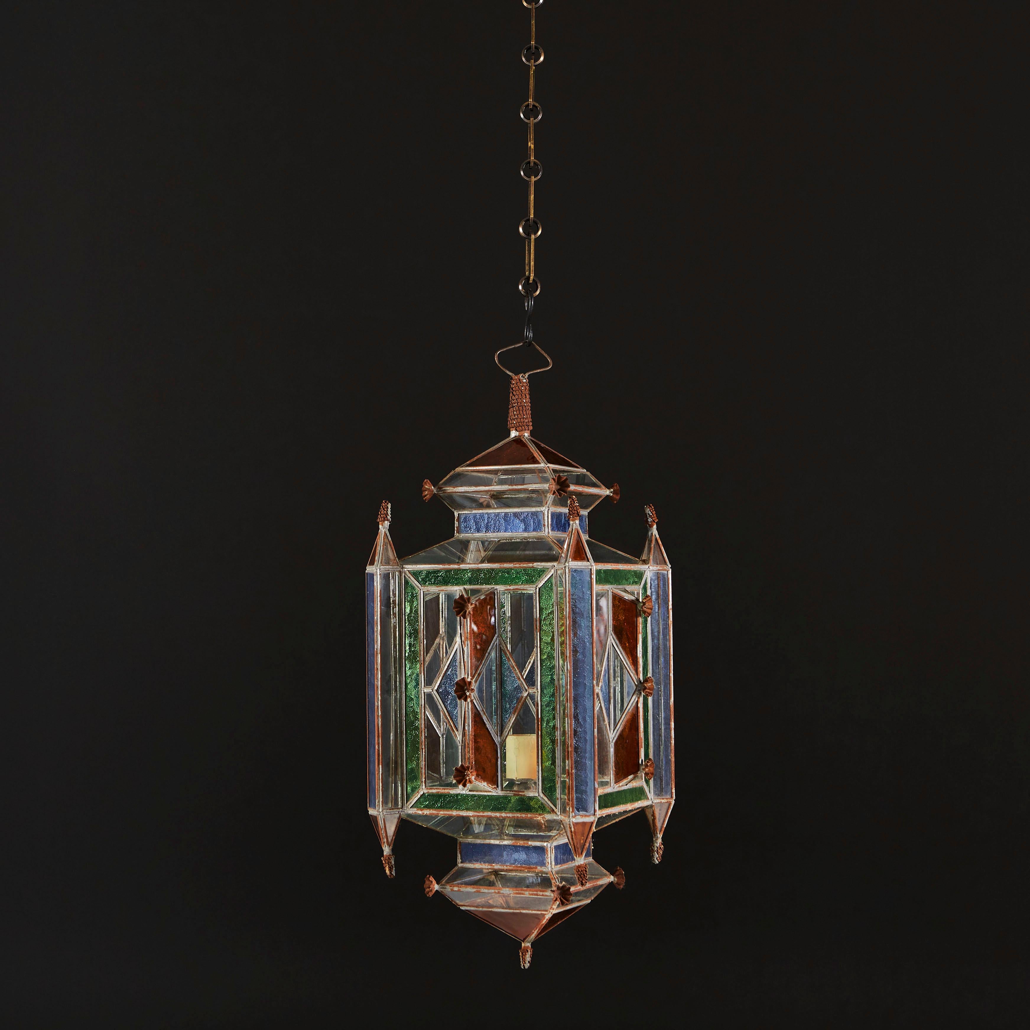 Moroccan Moorish Hanging Lantern with Coloured Glass Panels