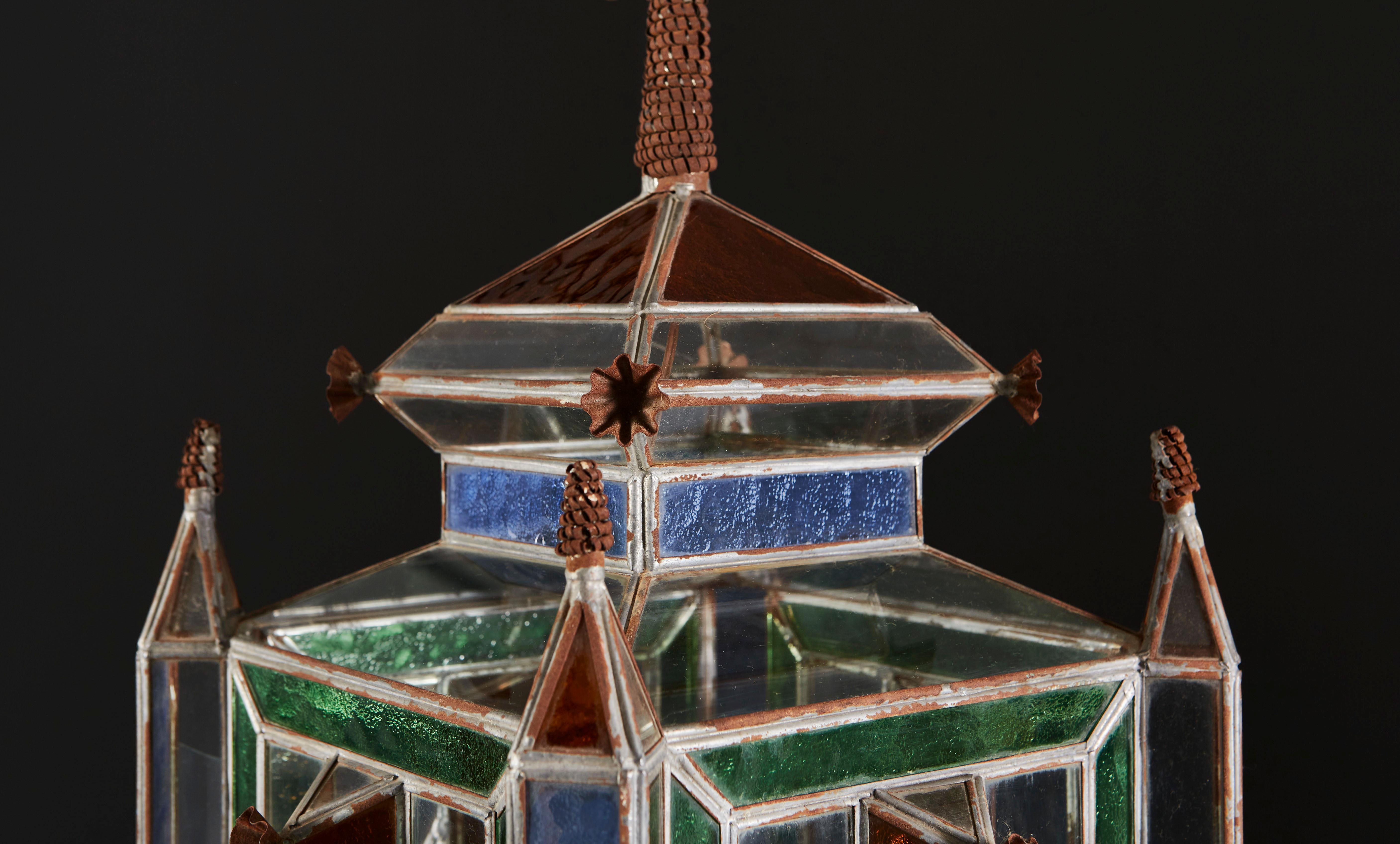 Moorish Hanging Lantern with Coloured Glass Panels In Good Condition In London, GB