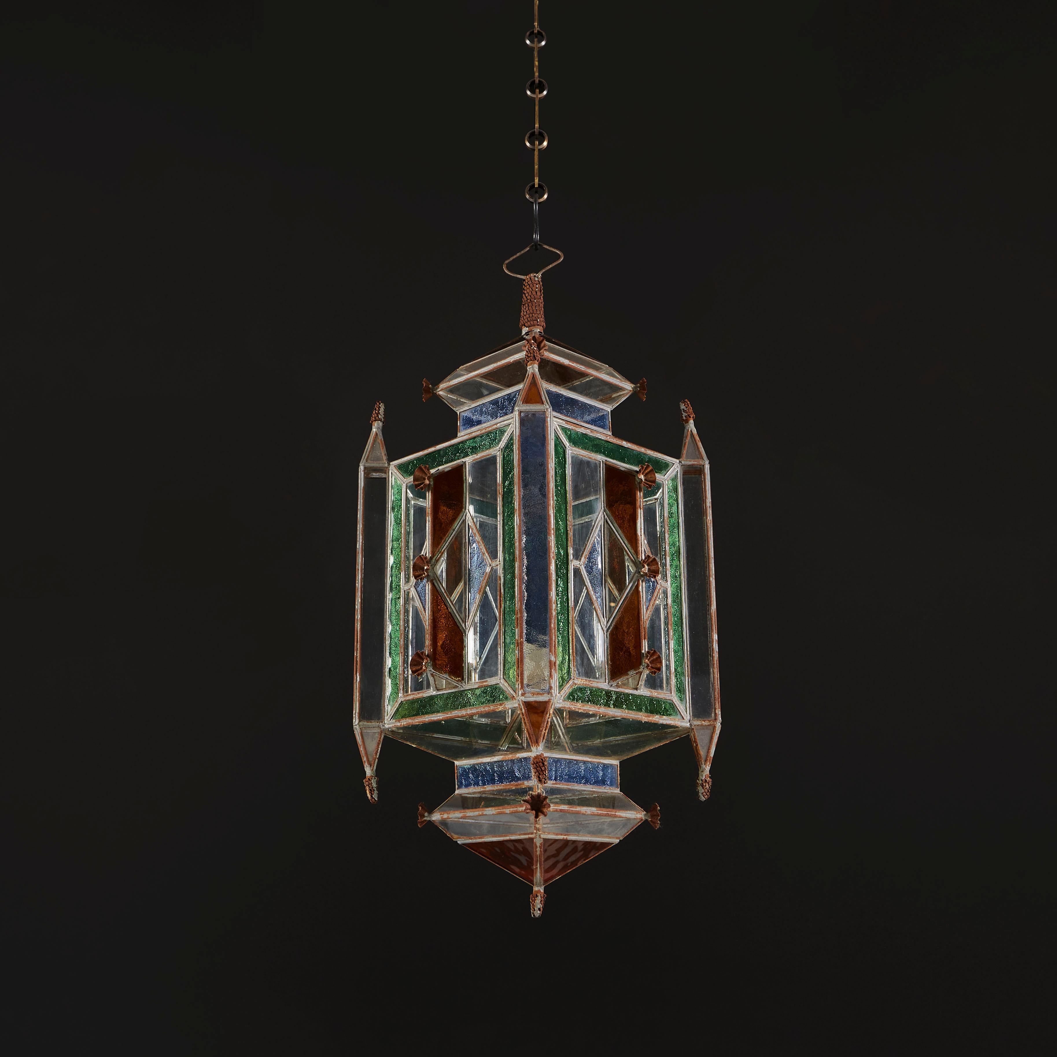 20th Century Moorish Hanging Lantern with Coloured Glass Panels