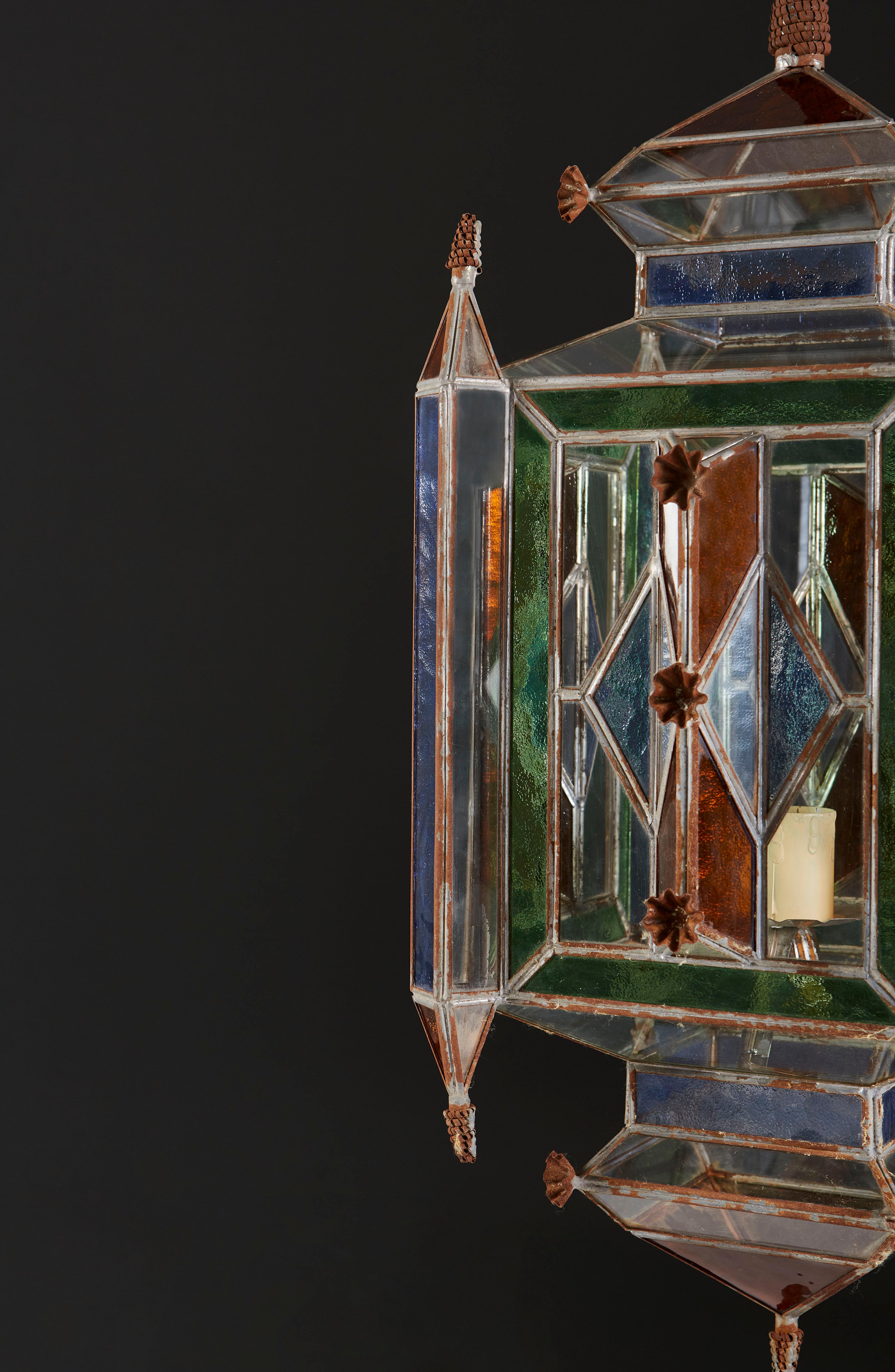 Metal Moorish Hanging Lantern with Coloured Glass Panels