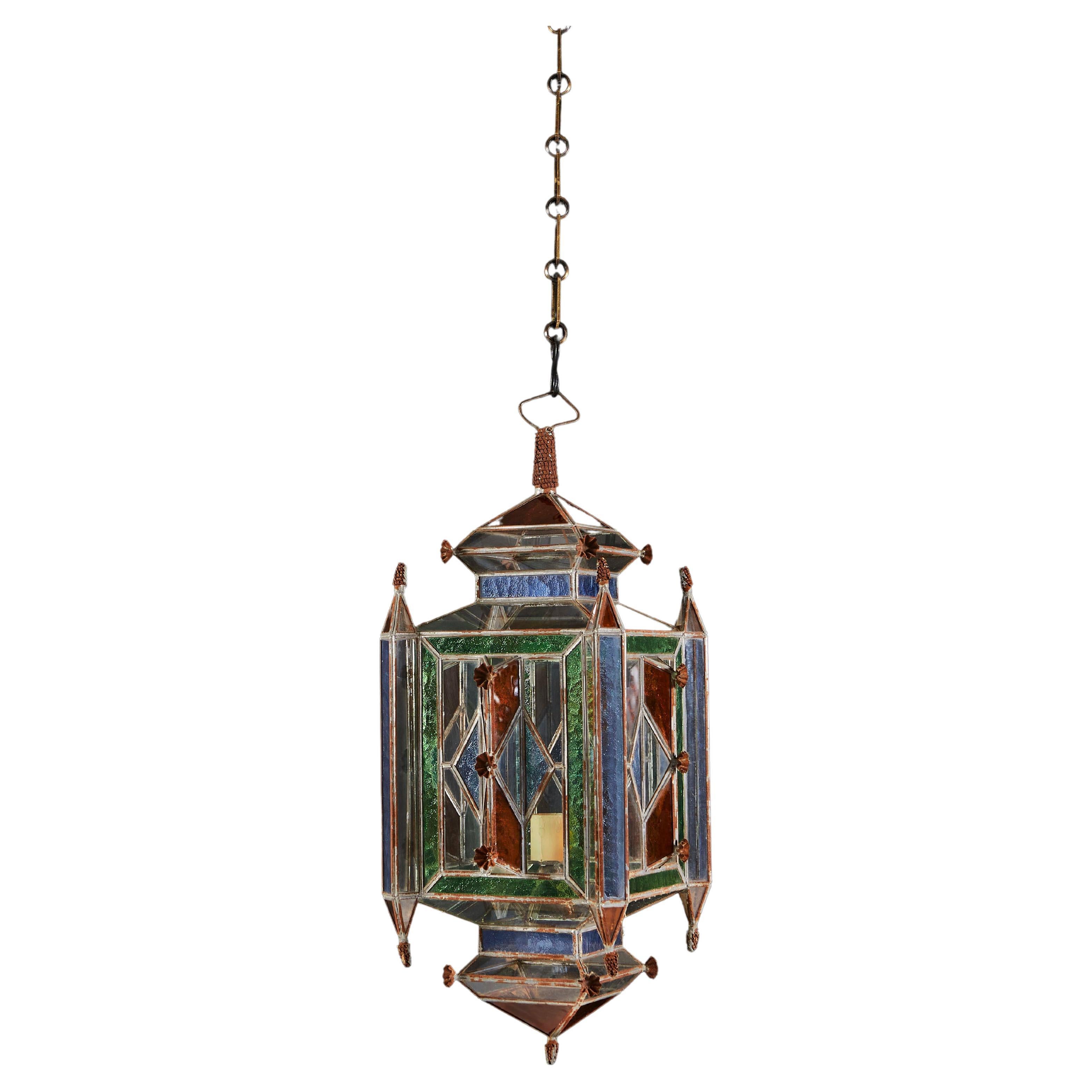 Moorish Hanging Lantern with Coloured Glass Panels