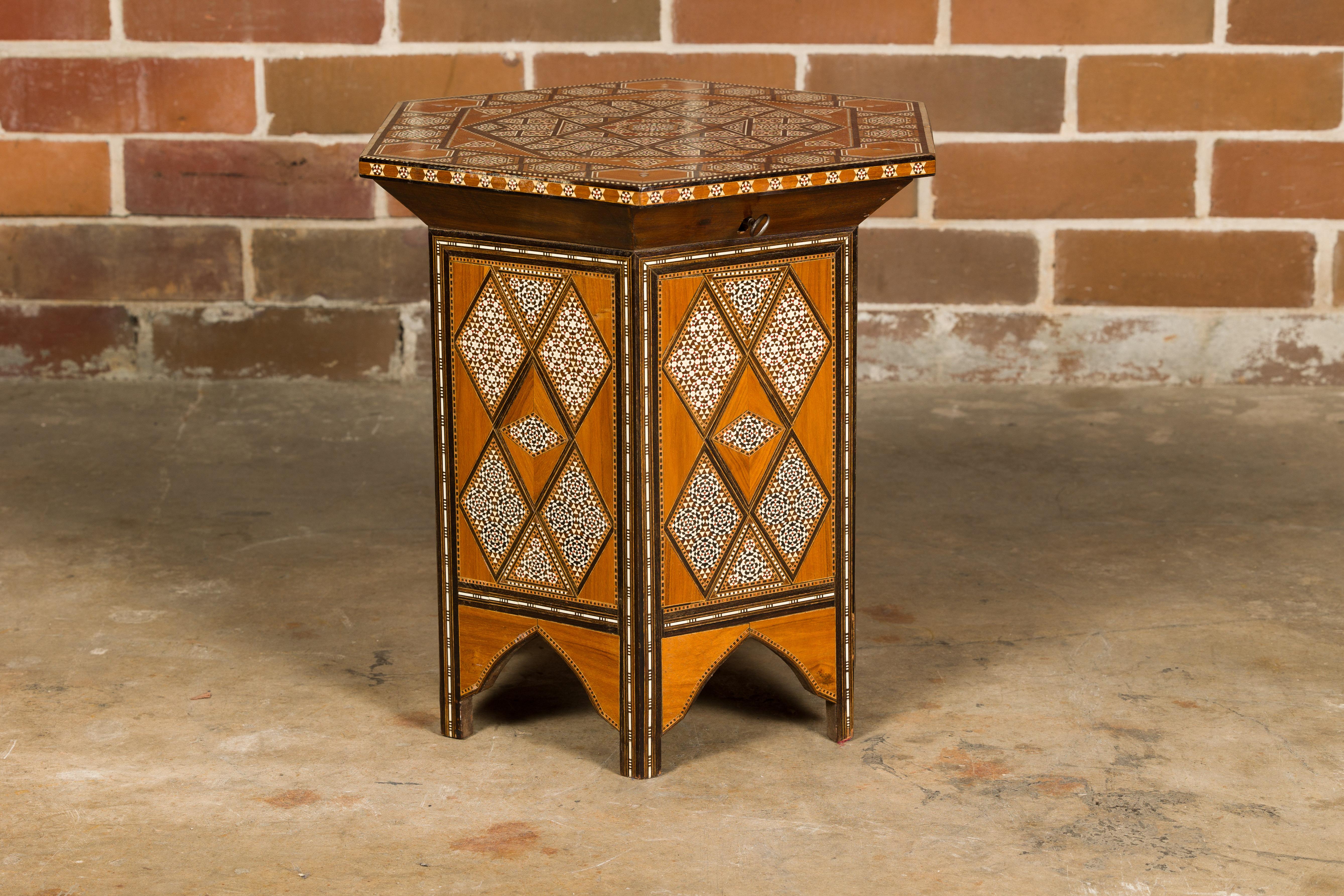 A Moorish Style 1920s Moroccan Drinks Table with Bone Inlay and Lift Top In Good Condition For Sale In Atlanta, GA