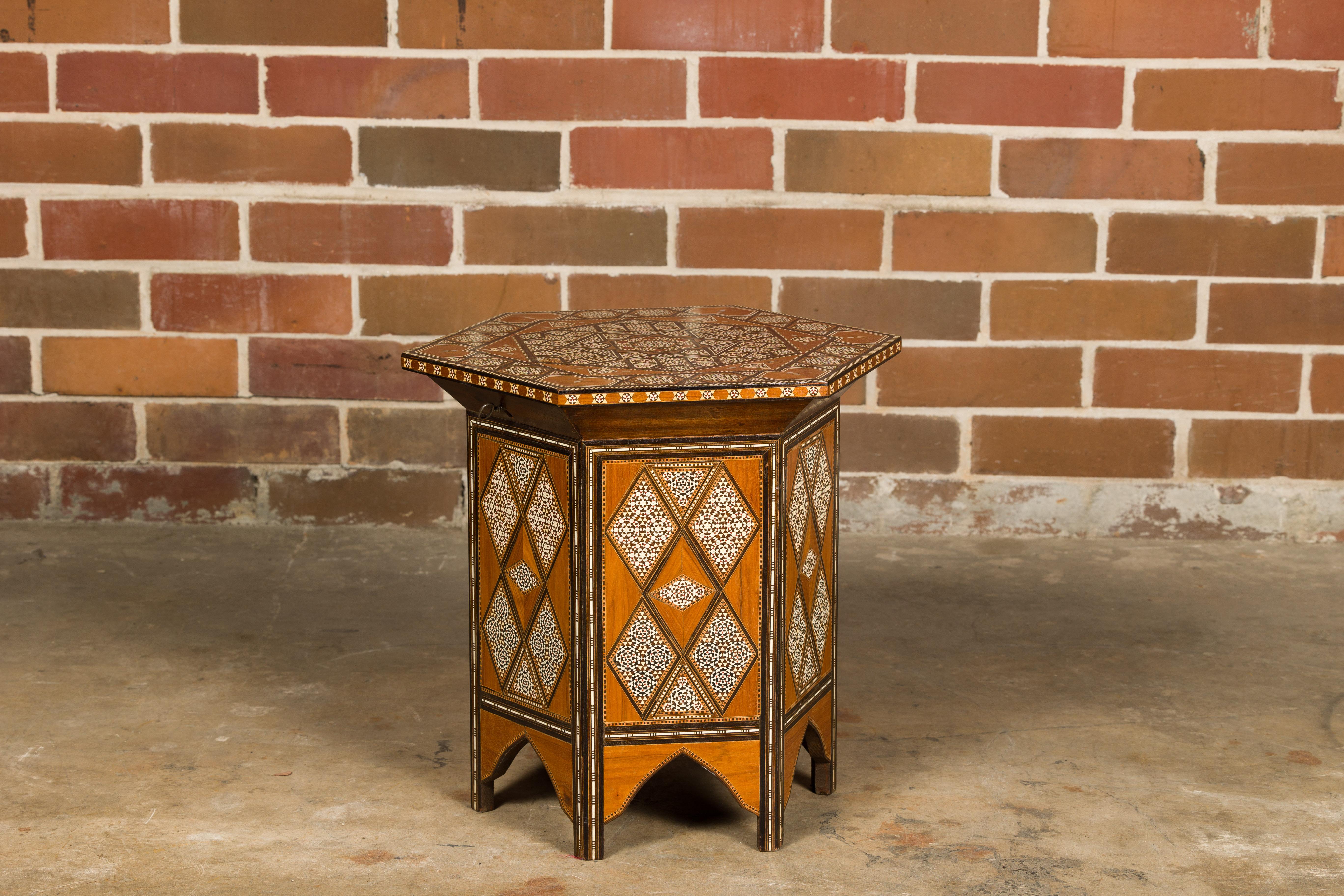 A Moorish Style 1920s Moroccan Drinks Table with Bone Inlay and Lift Top For Sale 4