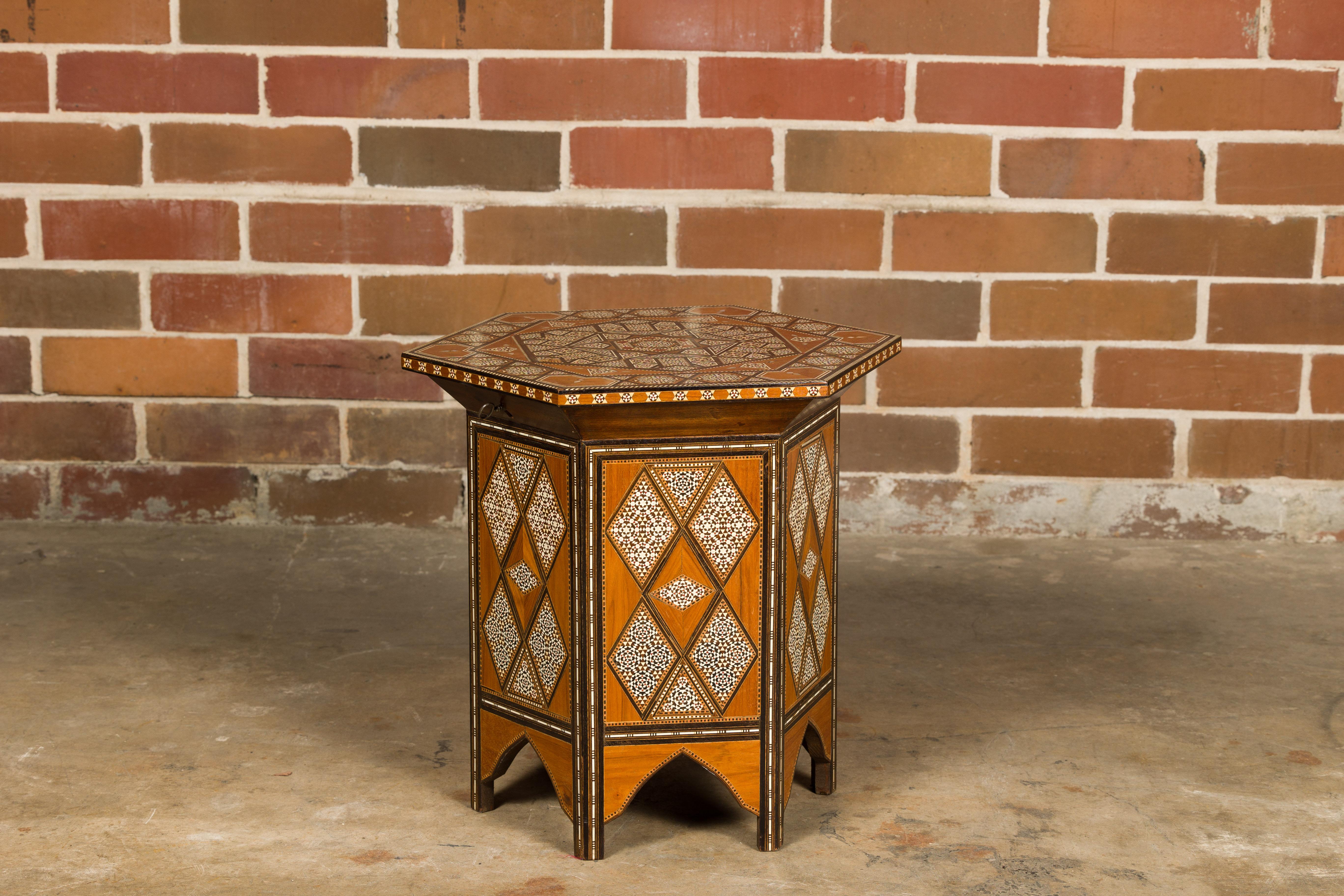 A Moorish Style 1920s Moroccan Drinks Table with Bone Inlay and Lift Top 4