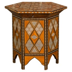 A Moorish Style 1920s Moroccan Drinks Table with Bone Inlay and Lift Top