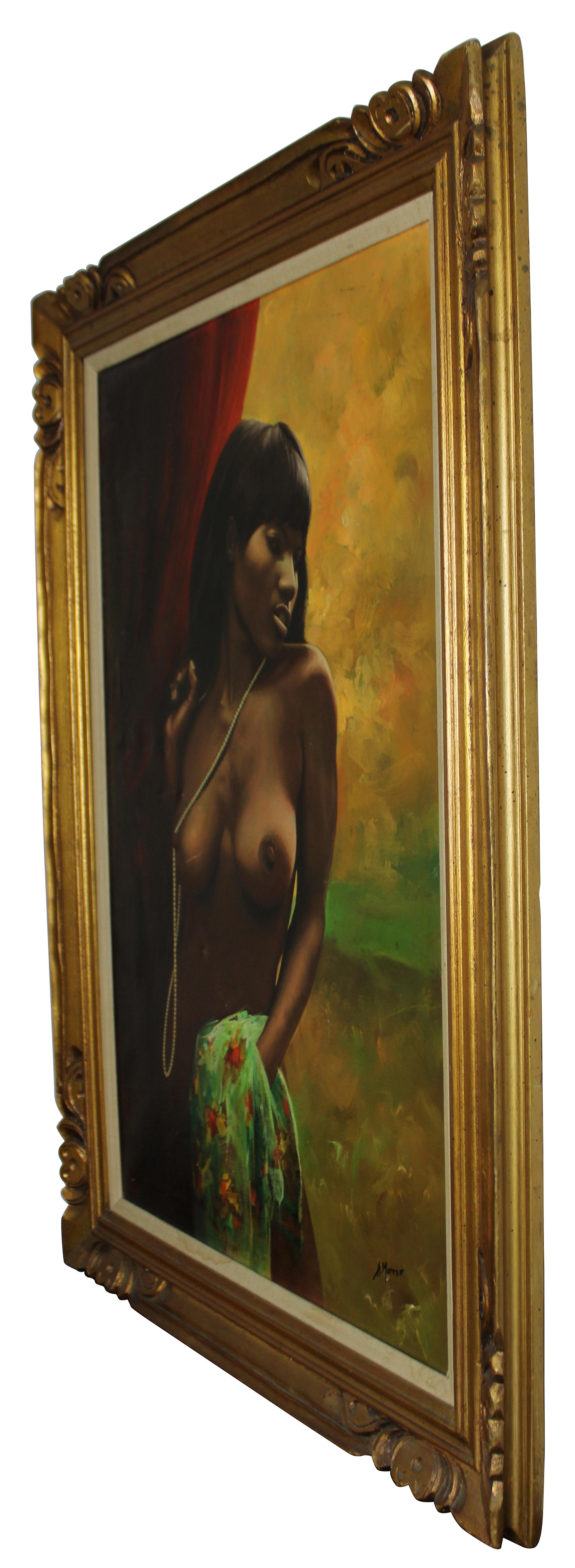 Vintage original oil painting by A. Moreno. Features a beautiful natural topless woman with a long string of pearls holding her sundress as she peers into the distance. Framed in gold, signed lower right.

Measures: Sans frame 24