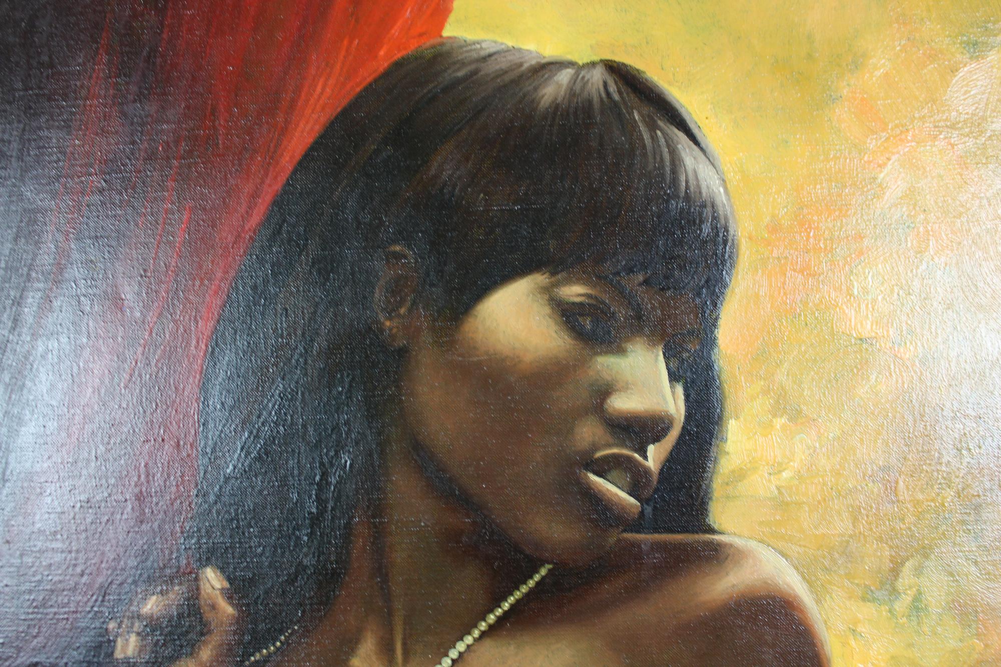 Modern A. Moreno African American Nude Portrait Realist Oil Painting Topless Woman