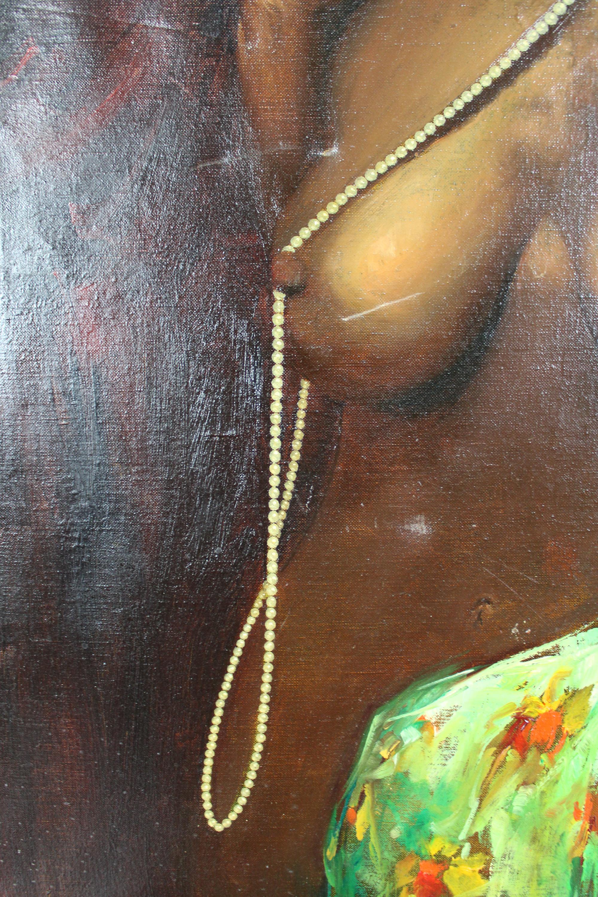 Canvas A. Moreno African American Nude Portrait Realist Oil Painting Topless Woman