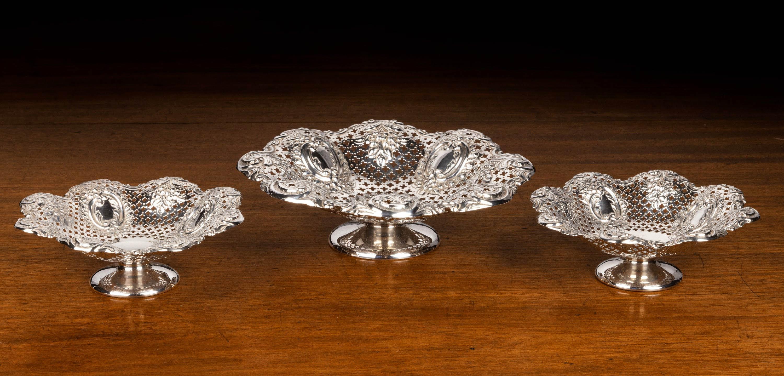 Sterling Silver Most Attractive Suite of Three Late 19th Century Silver Pierced and Fluted Dis