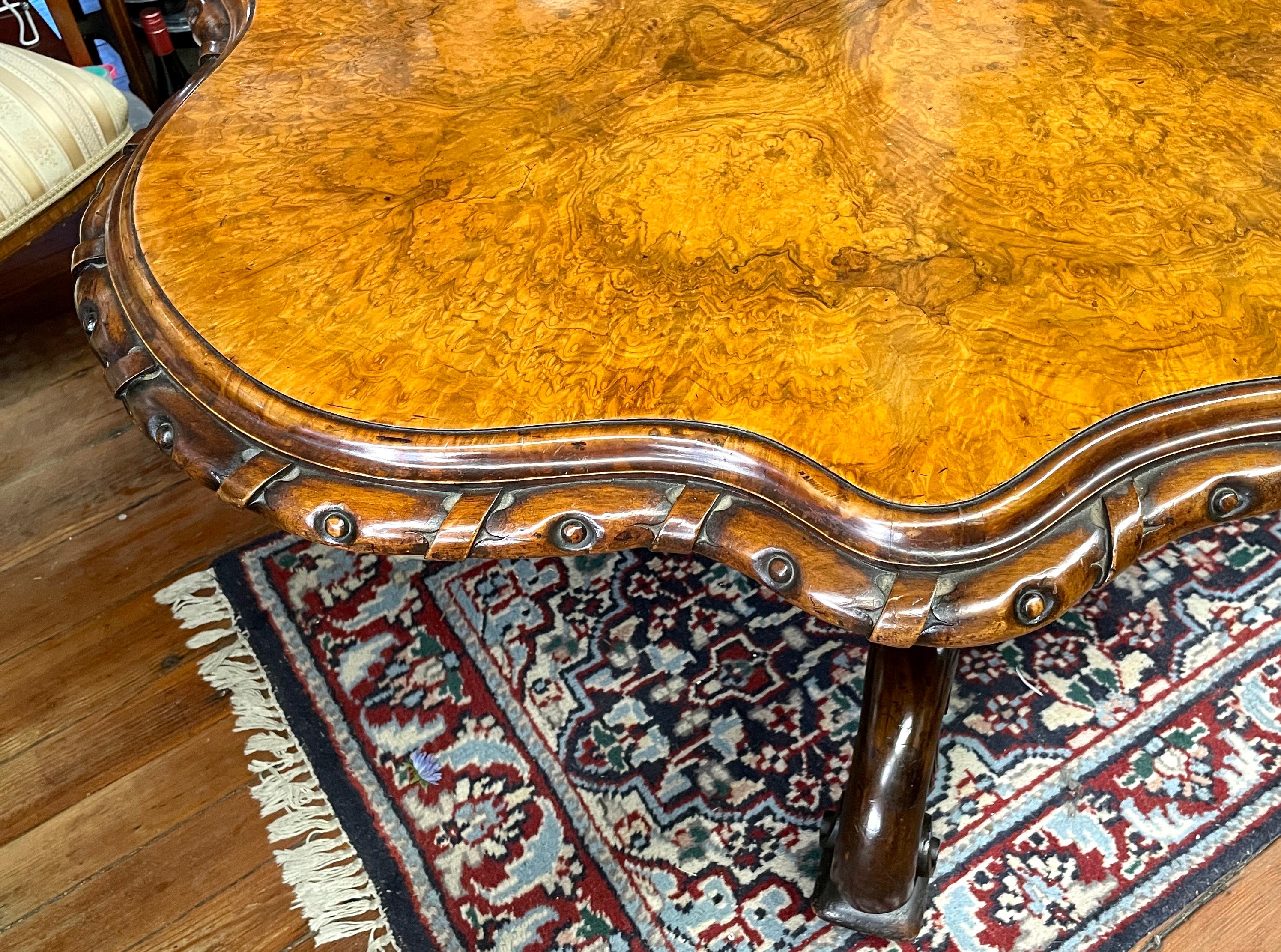 A Most Fabulous Antique English Burr Walnut Shaped Tilt-Top Loo or Centre Table For Sale 9