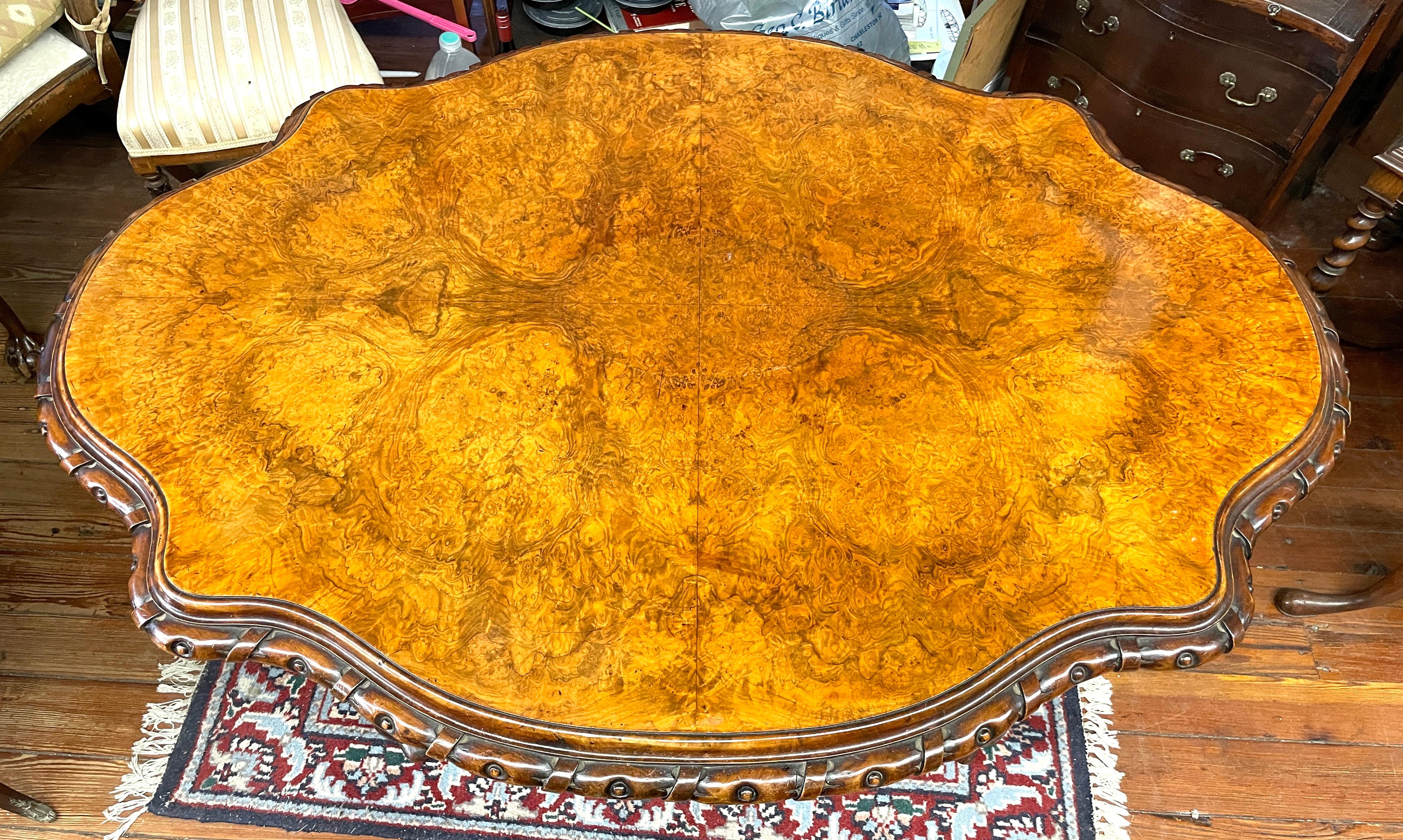 A Most Fabulous Antique English Burr Walnut Shaped Tilt-Top Loo or Centre Table For Sale 12