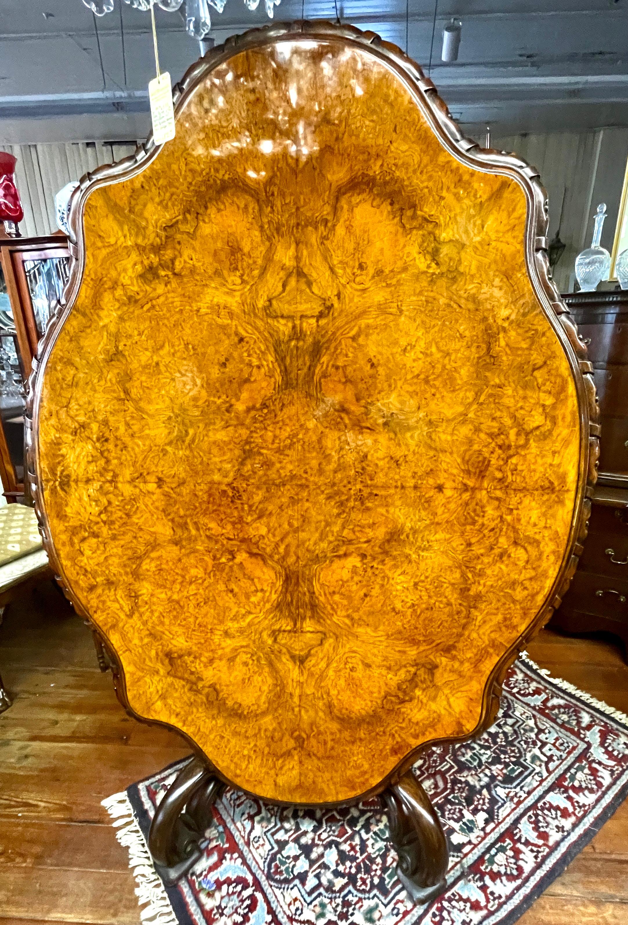 A Most Fabulous Antique English Burr Walnut Shaped Tilt-Top Loo or Centre Table For Sale 2