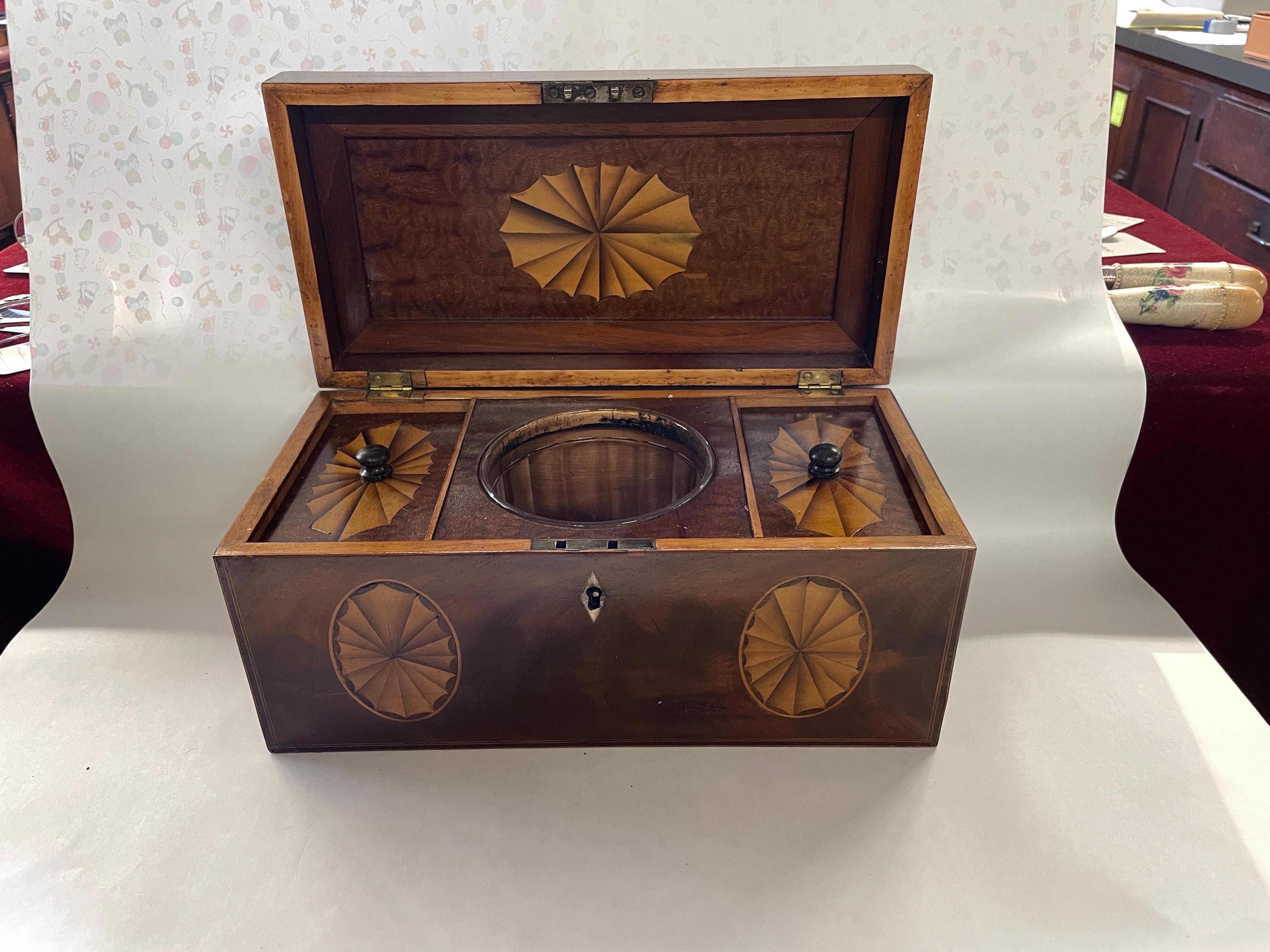 A Most Fabulous Antique English Inlaid Mahogany Adam Style Tea Caddy with bowl In Good Condition In Charleston, SC