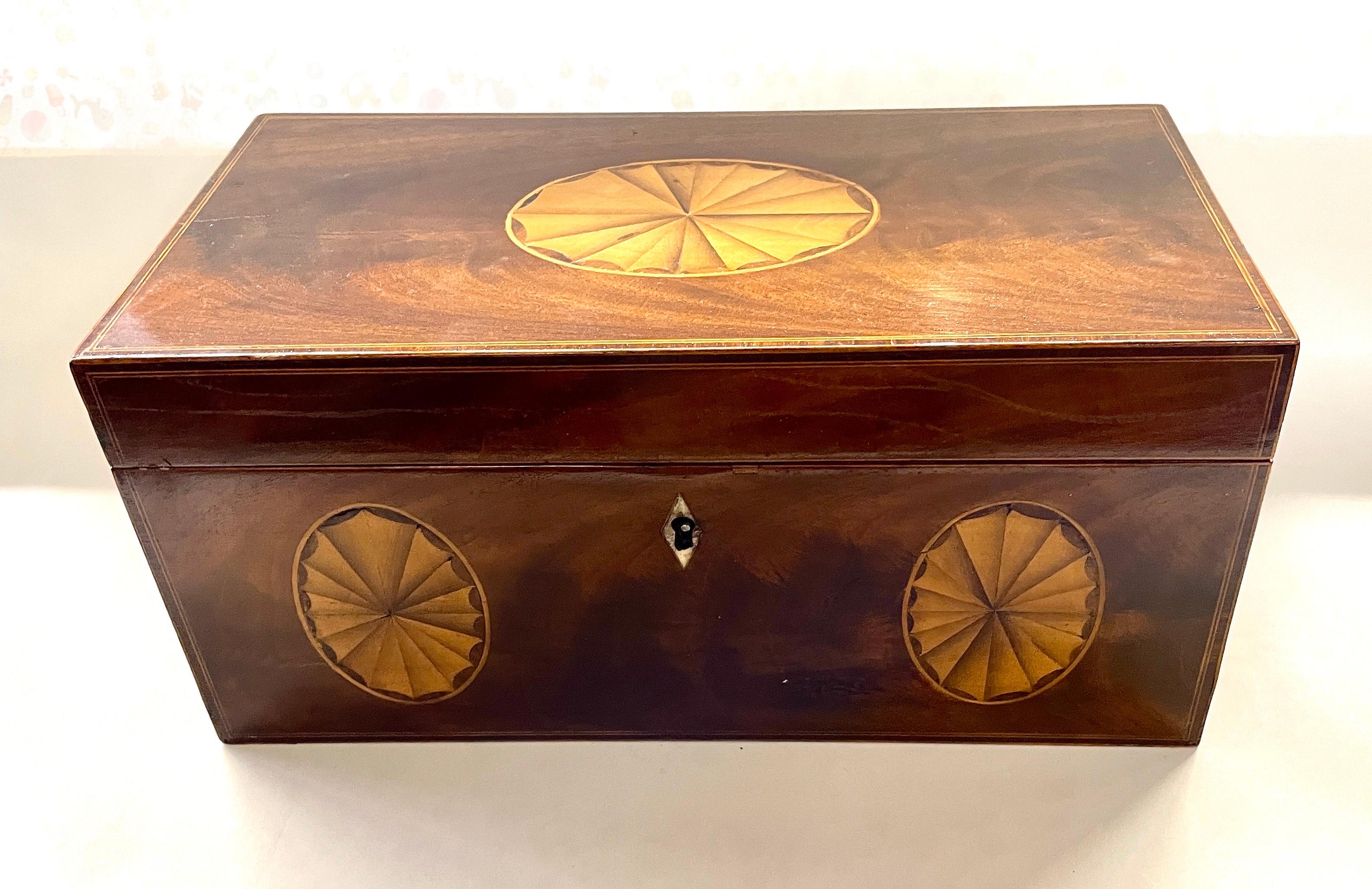 A Most Fabulous Antique English Inlaid Mahogany Adam Style Tea Caddy with bowl 1