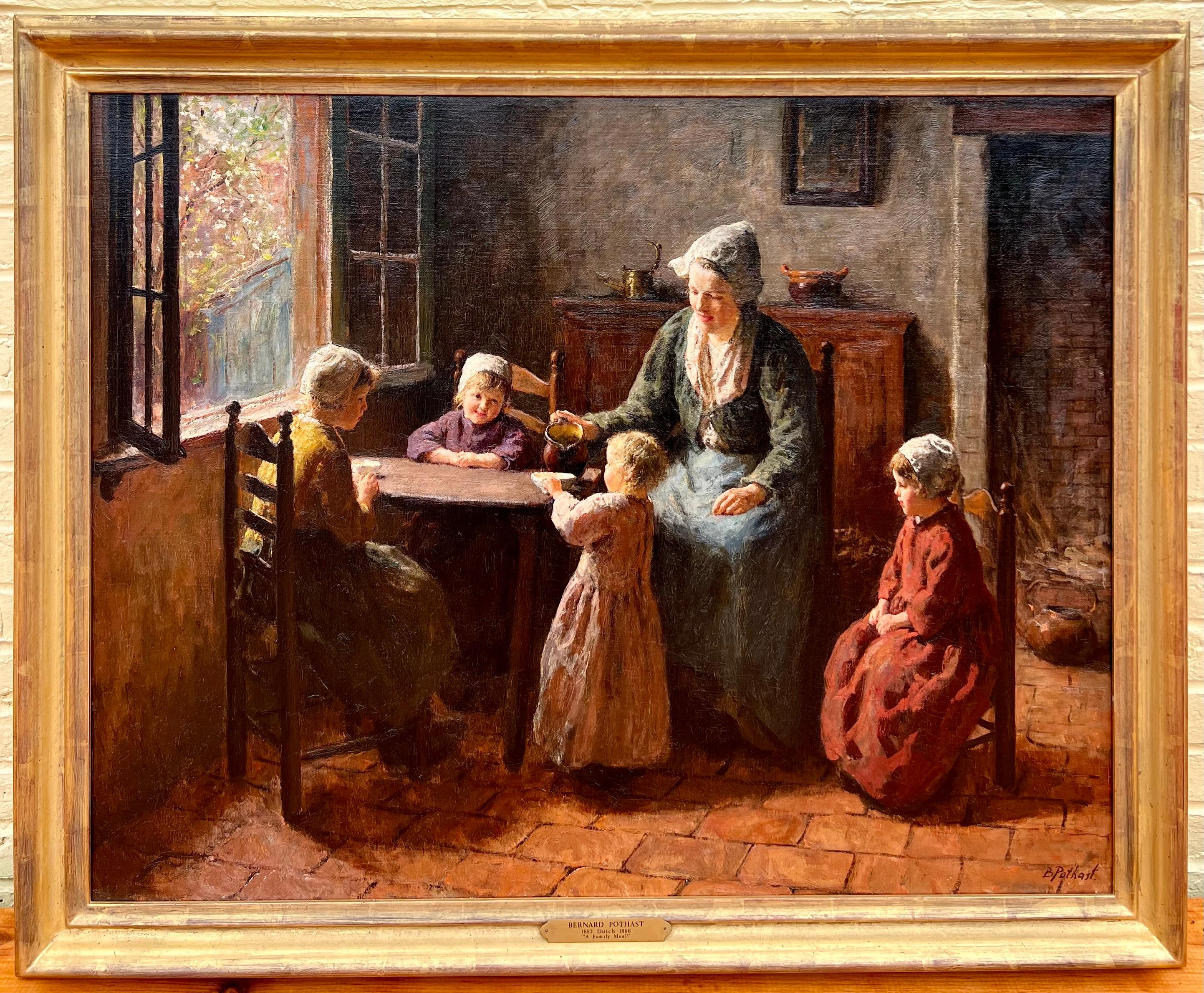 This is an original unique oil painting by the artist Bernard Pothast, signed in the lower right corner, featuring a mother and her children sitting around the kitchen table.  

Provenance:
Sold Sothebys London Lot 190, 1989 for $24,000
Private