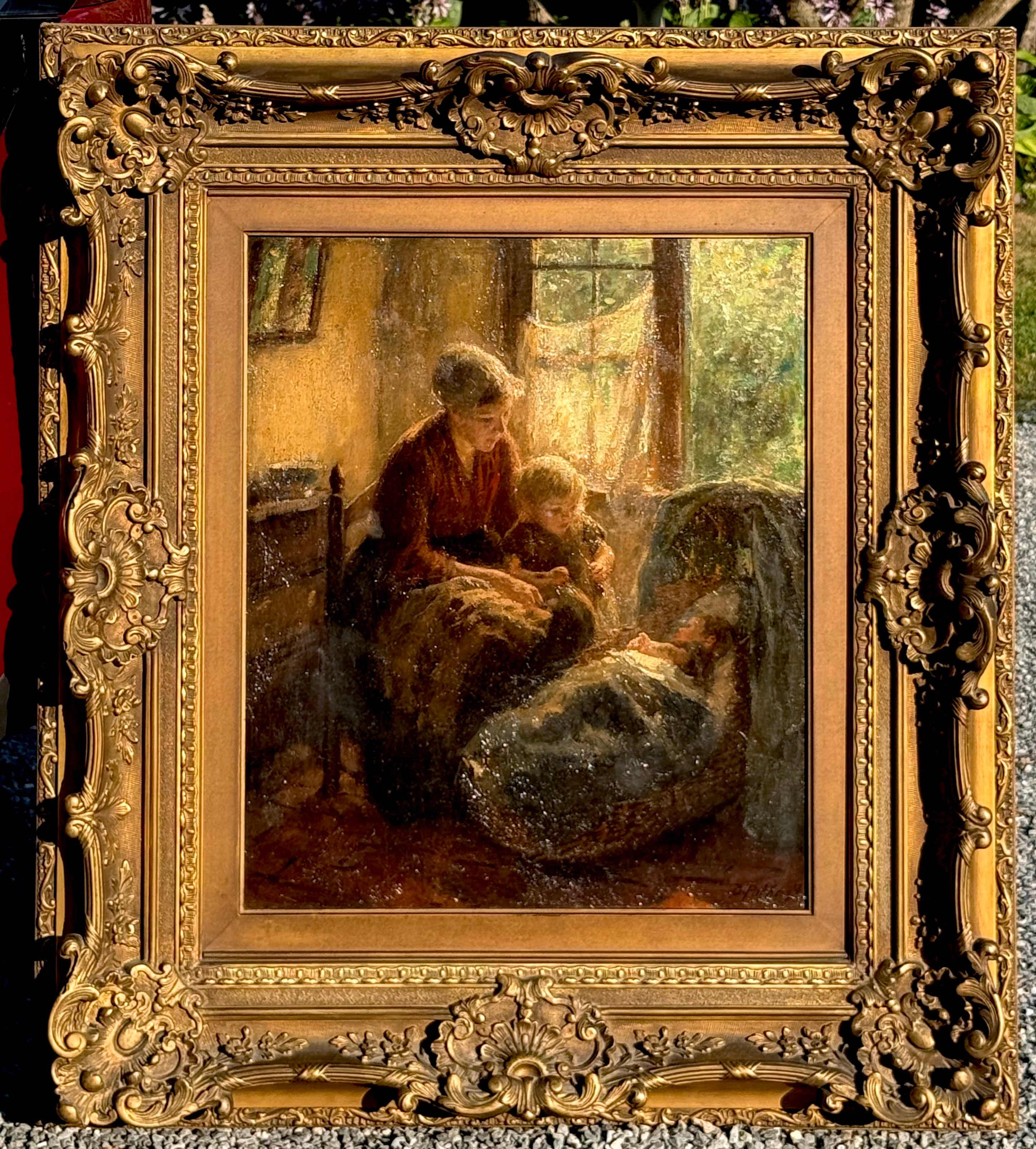 This is an original unique oil painting by the artist Bernard Pothast, signed in the lower right corner, featuring a mother and her children sitting around the kitchen table. Measures 38