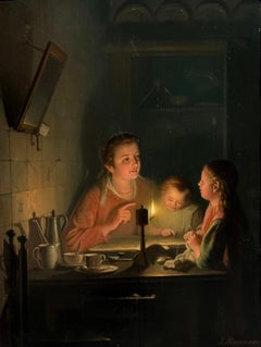 "A Mother Teaching Her Children by Lamplight" by Dutch Artist Johannes Rosierse