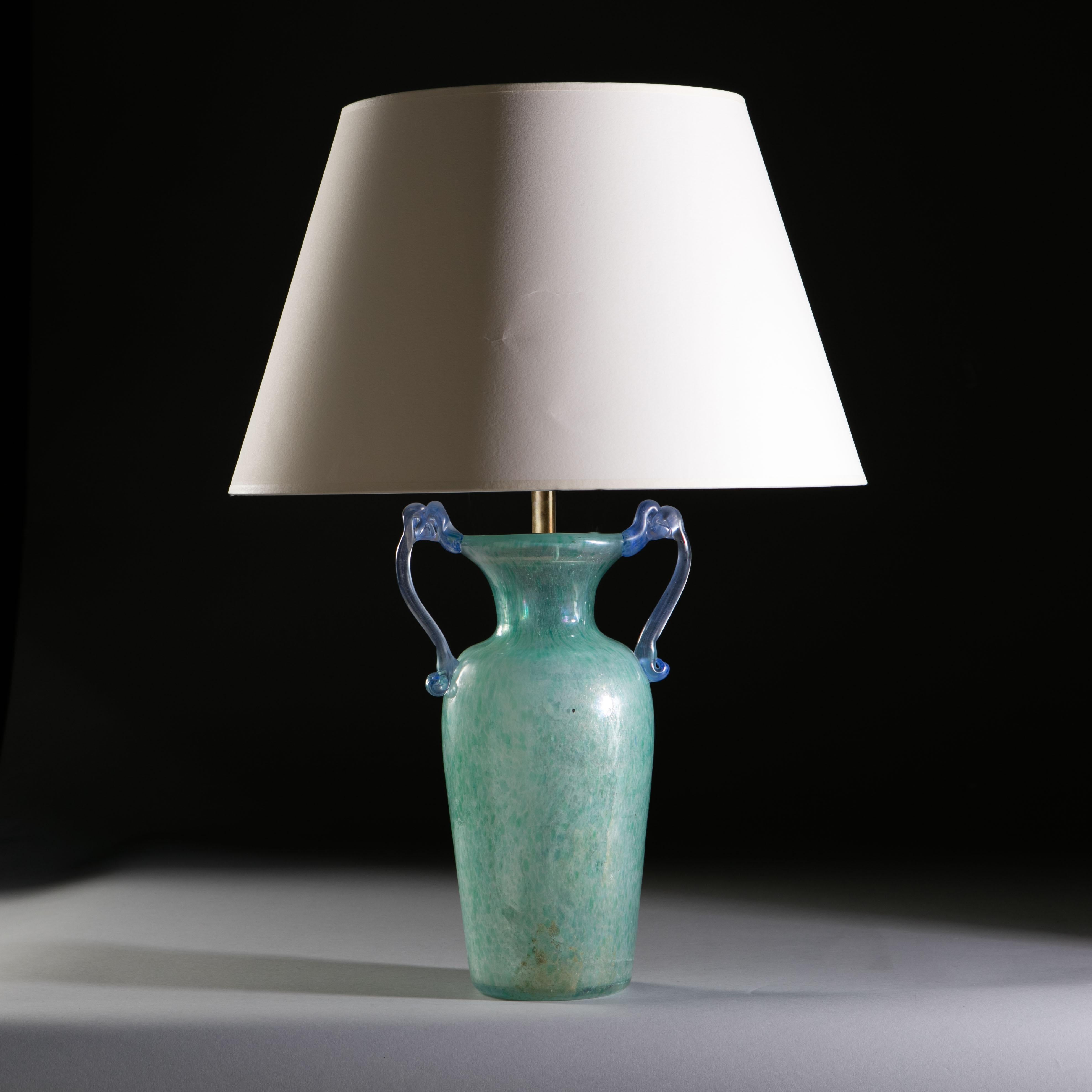 Italian Mottled Light Blue Murano Glass Vase as a Table Lamp