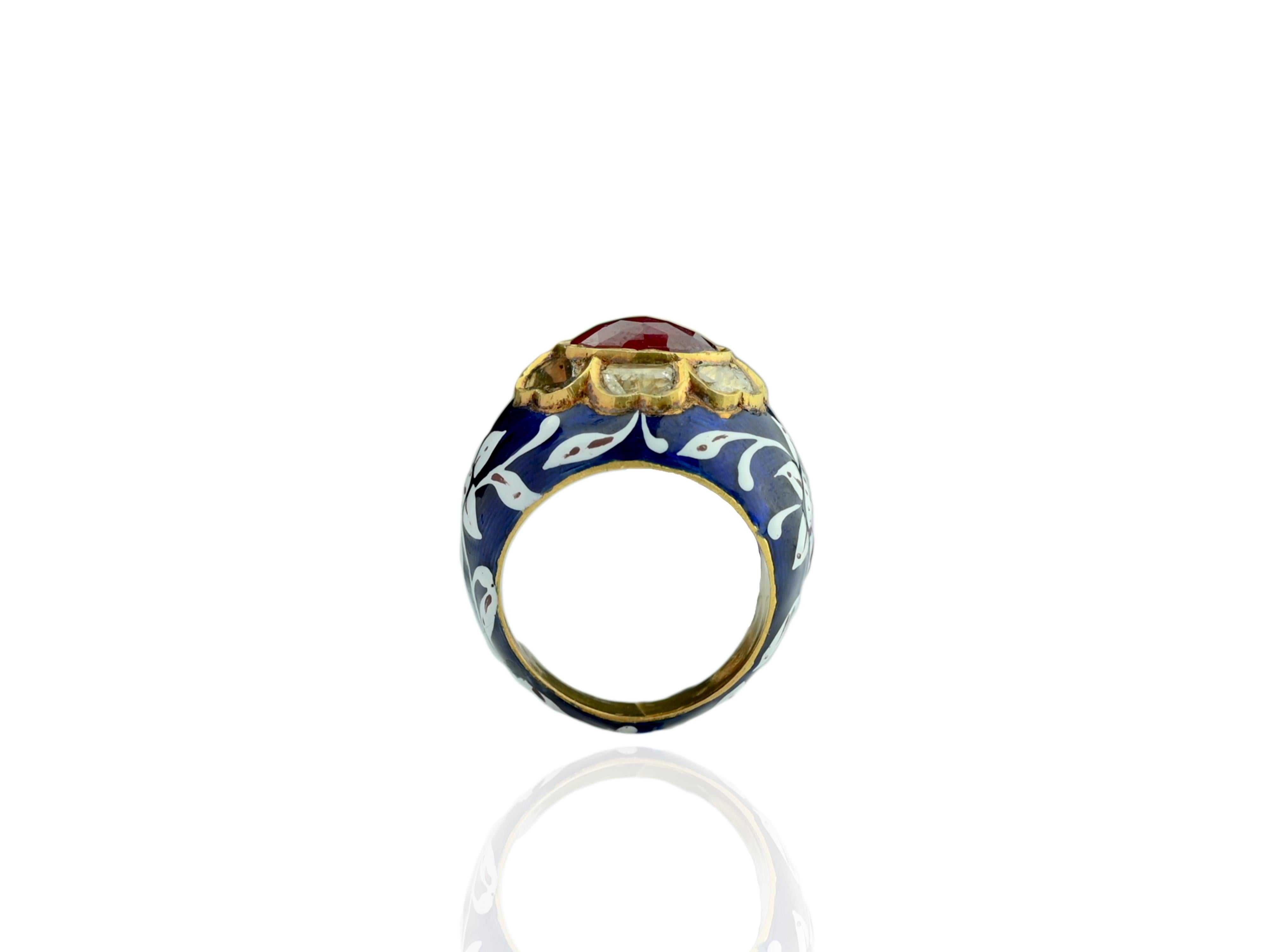 Bague jaipur mughal en or émaillé avec diamant polki et rubis Pour femmes en vente