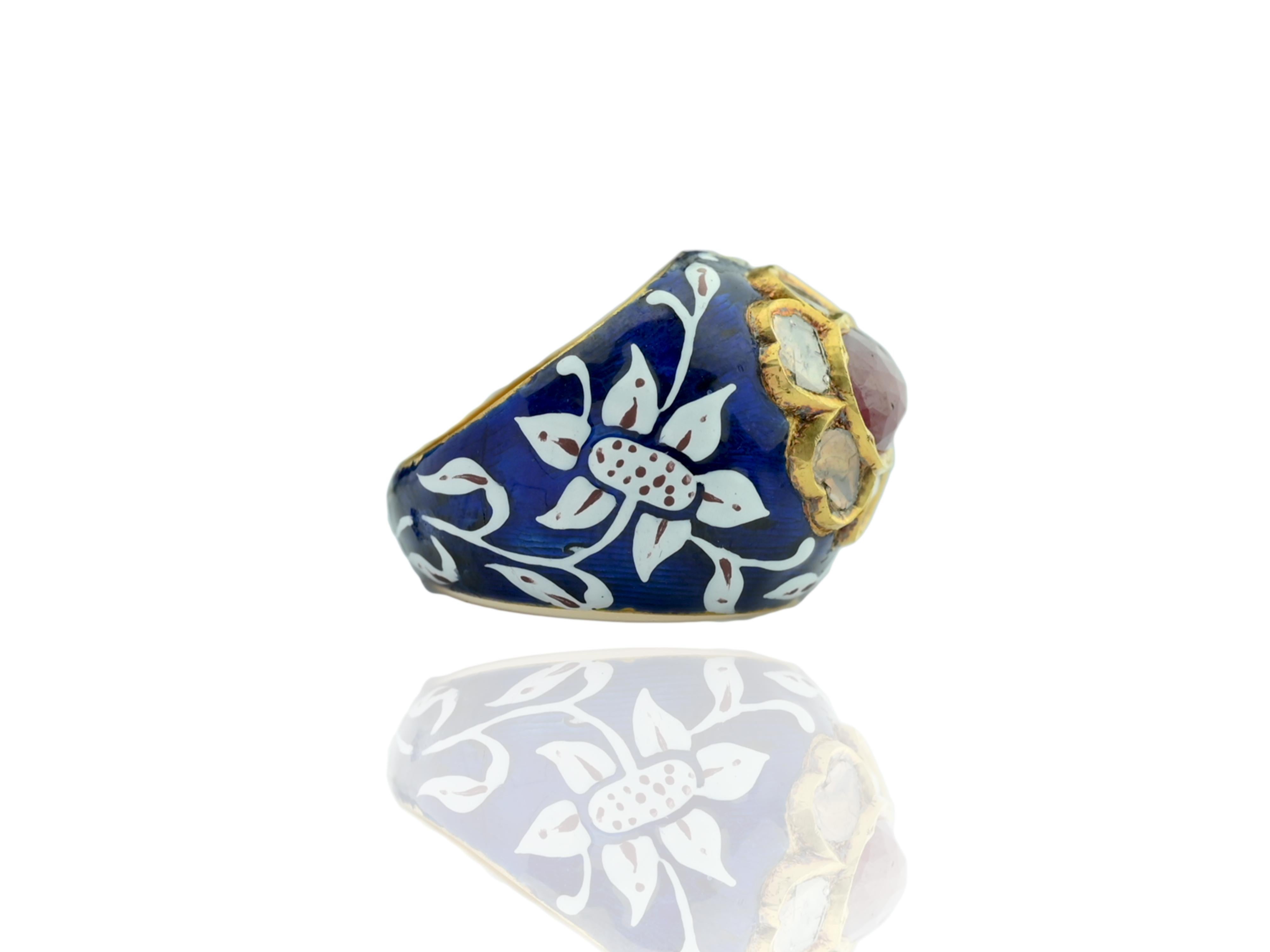 Bague jaipur mughal en or émaillé avec diamant polki et rubis en vente 2