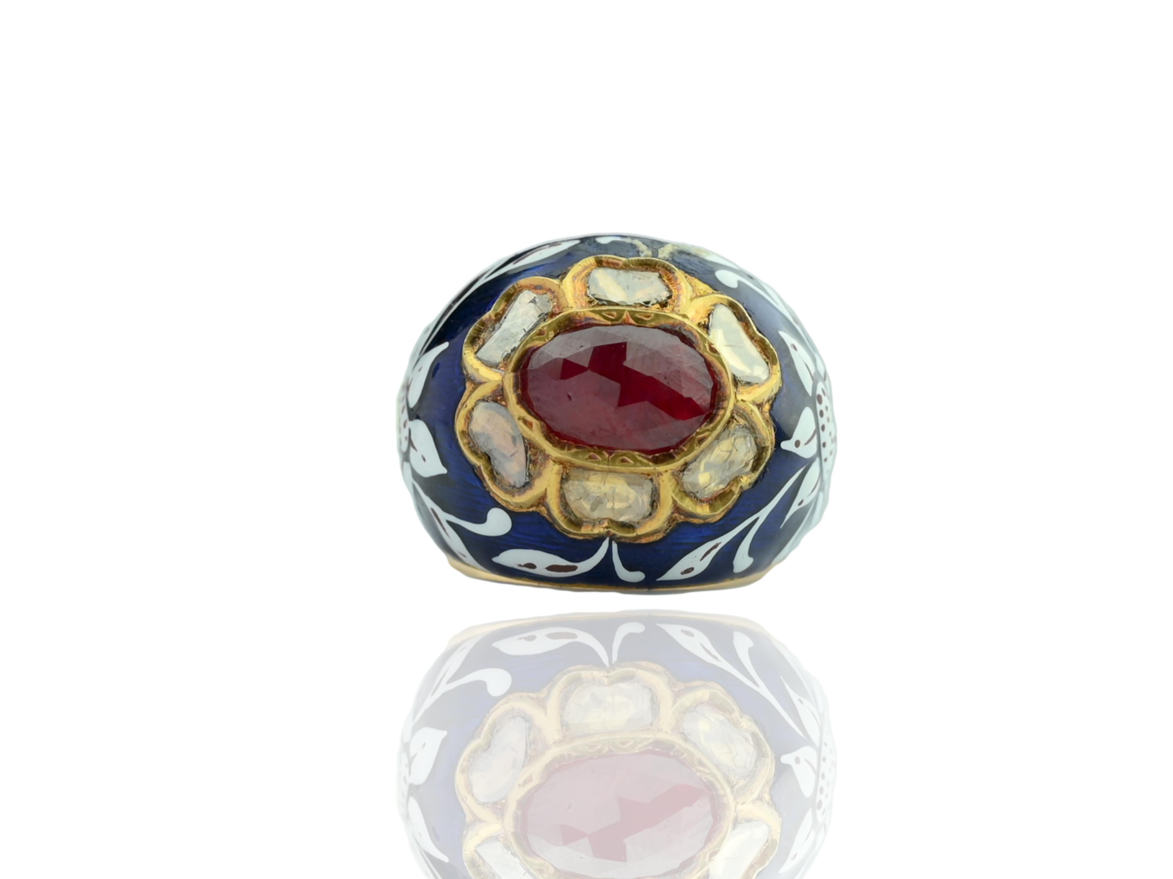 Bague jaipur mughal en or émaillé avec diamant polki et rubis en vente 3