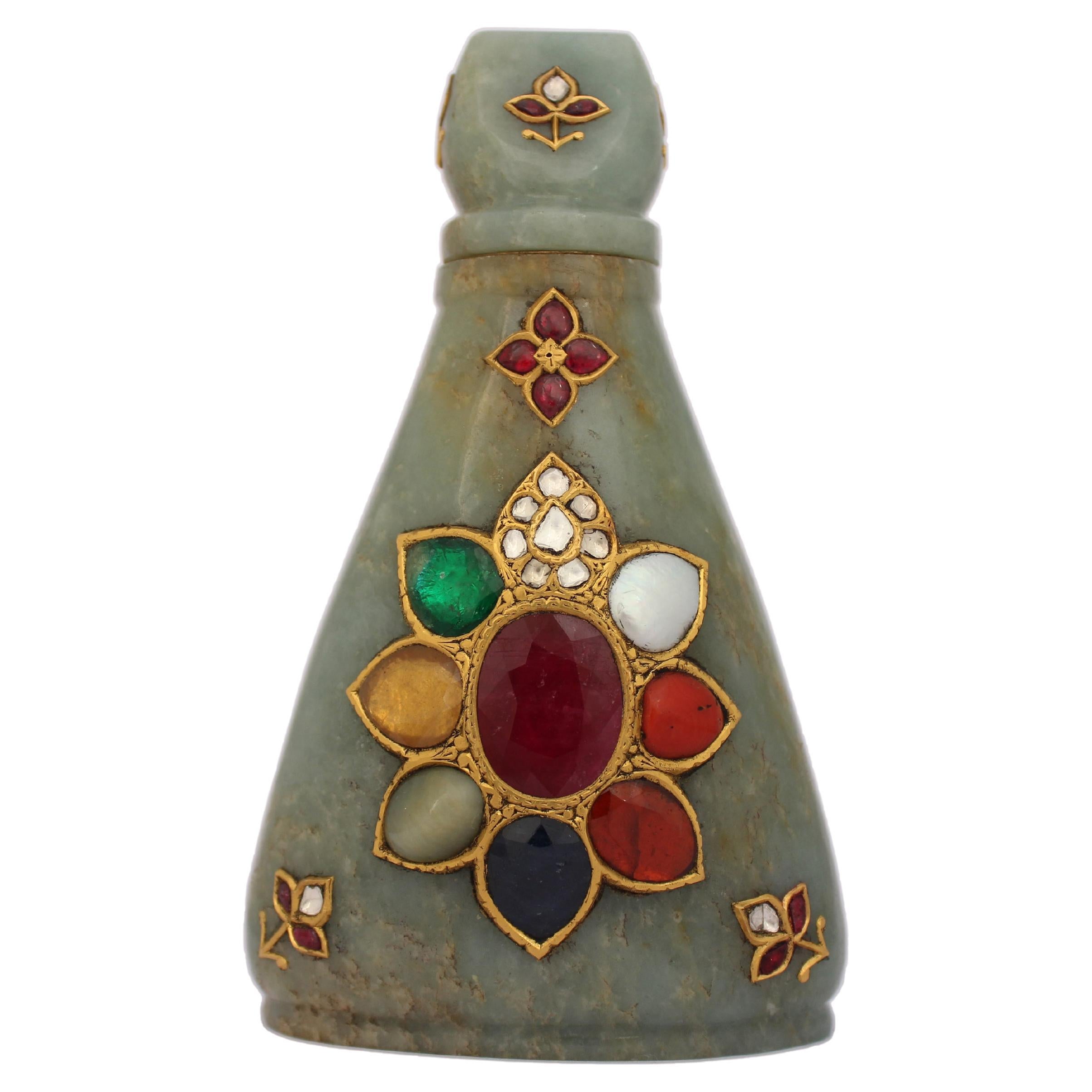 Mughal Jadeite Jade Whiskey Flask Encrusted with Nine Gemstones and Gold
