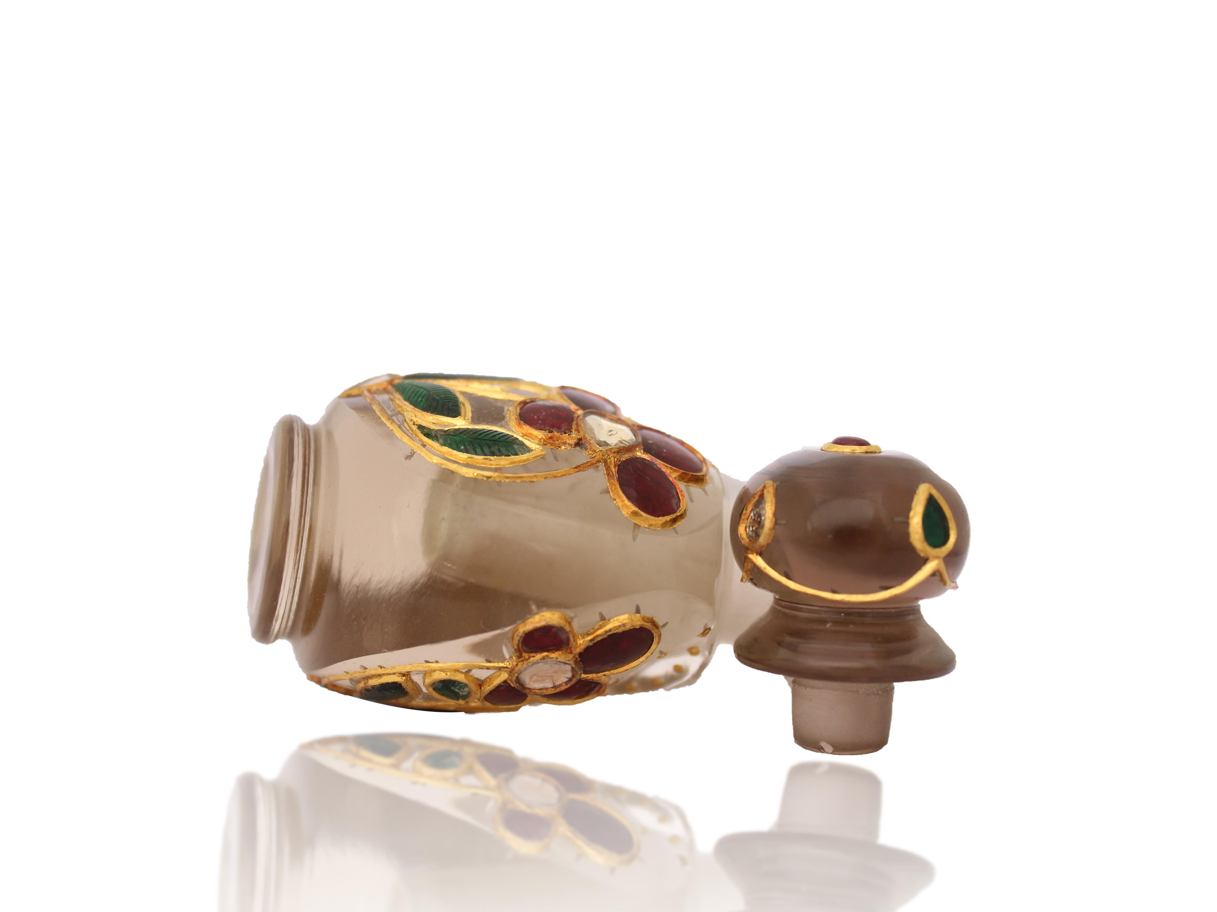 Art Deco Mughal Natural Rock Crystal Perfume Flask Inlaid with Gold and Rubies For Sale