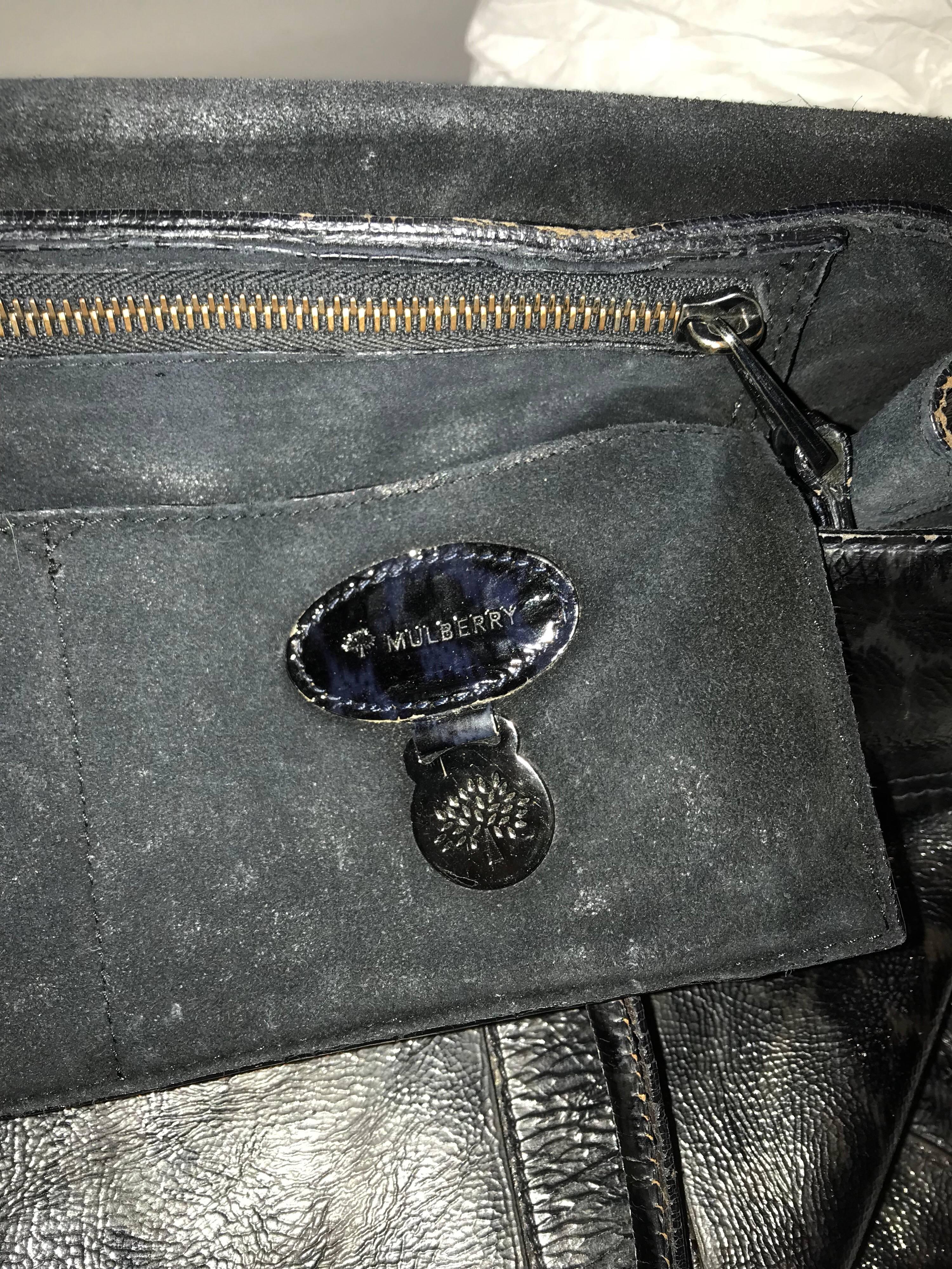 A Mulberry bayswater satchel bag in leopard print patent leather tote blue/black In Good Condition In London, GB
