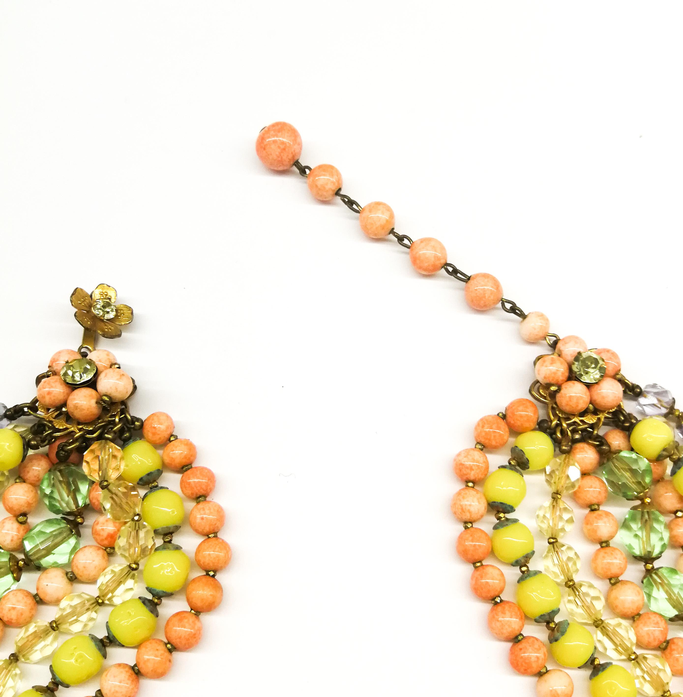 Women's A  multi row, multi coloured glass bead necklace, and earrings, De Mario, 1950s