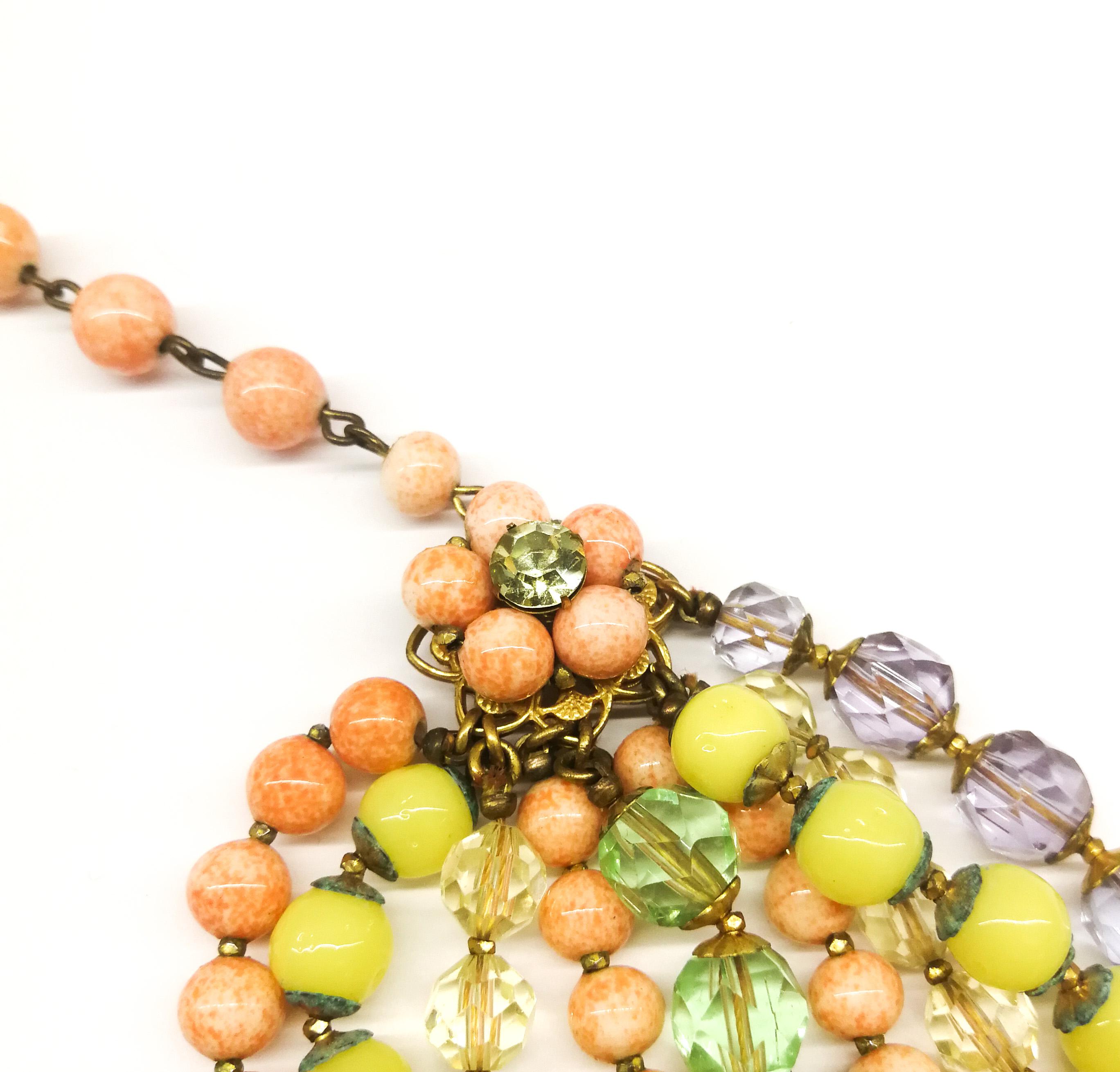A  multi row, multi coloured glass bead necklace, and earrings, De Mario, 1950s 2