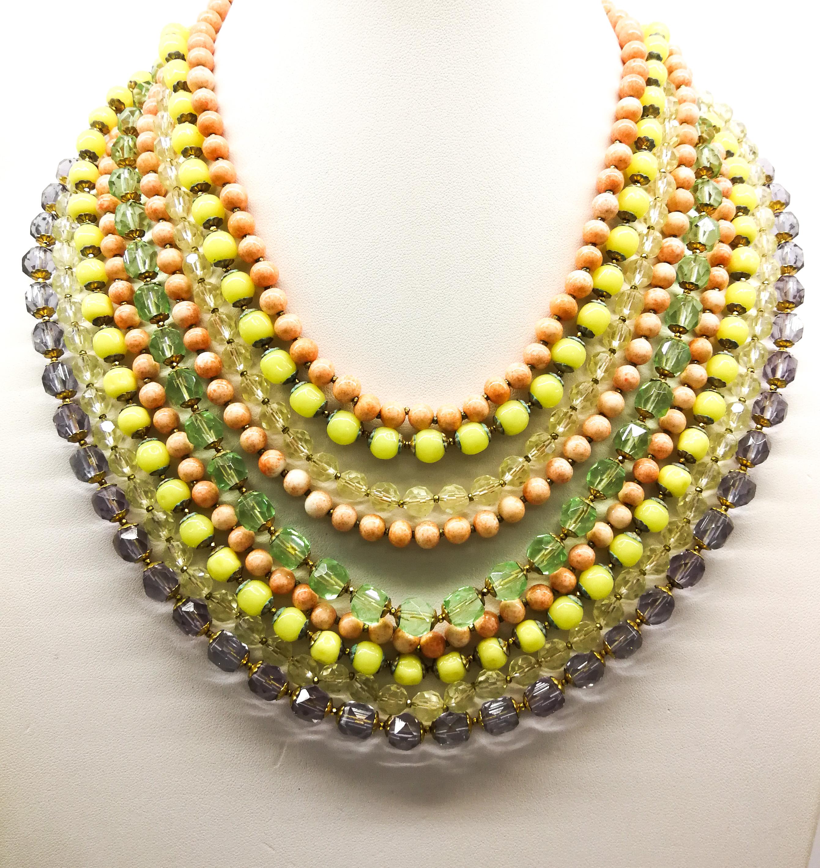 A  multi row, multi coloured glass bead necklace, and earrings, De Mario, 1950s 3