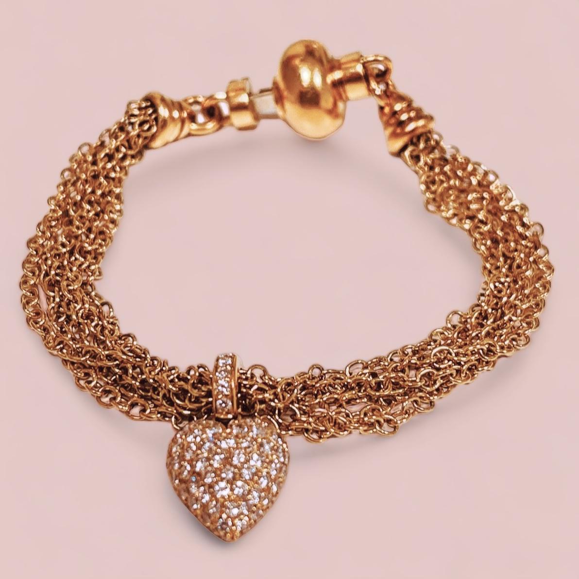 A Multi-strand 18ct Gold Bracelet With A 1.3ct Diamond Pave Heart, 18cm Length For Sale 2