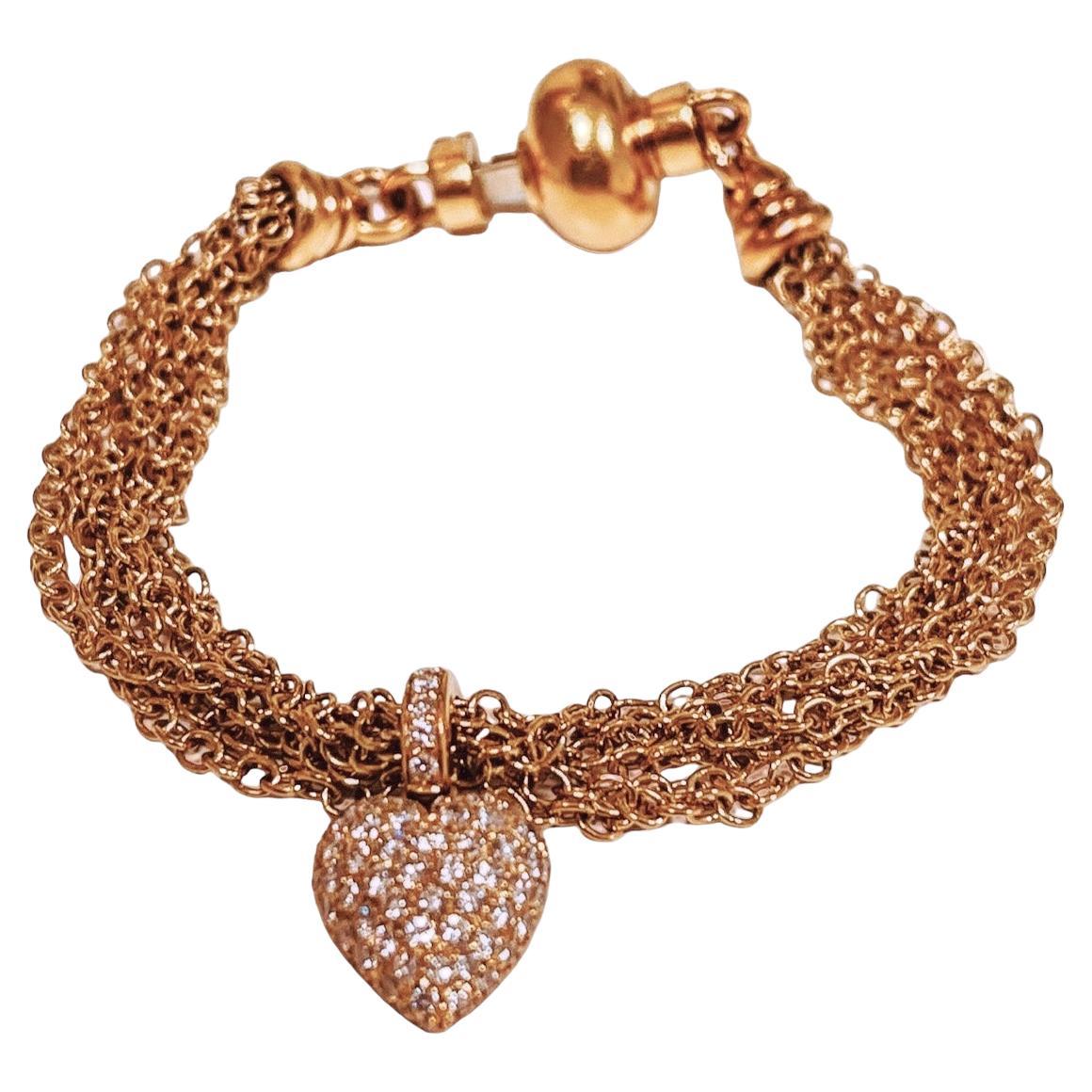 A Multi-strand 18ct Gold Bracelet With A 1.3ct Diamond Pave Heart, 18cm Length For Sale