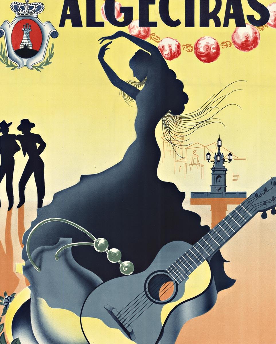 Affiche d'origine de voyage espagnol vintage Algeciras Feria 1948 - Modernisme américain Print par A MUÑOZ