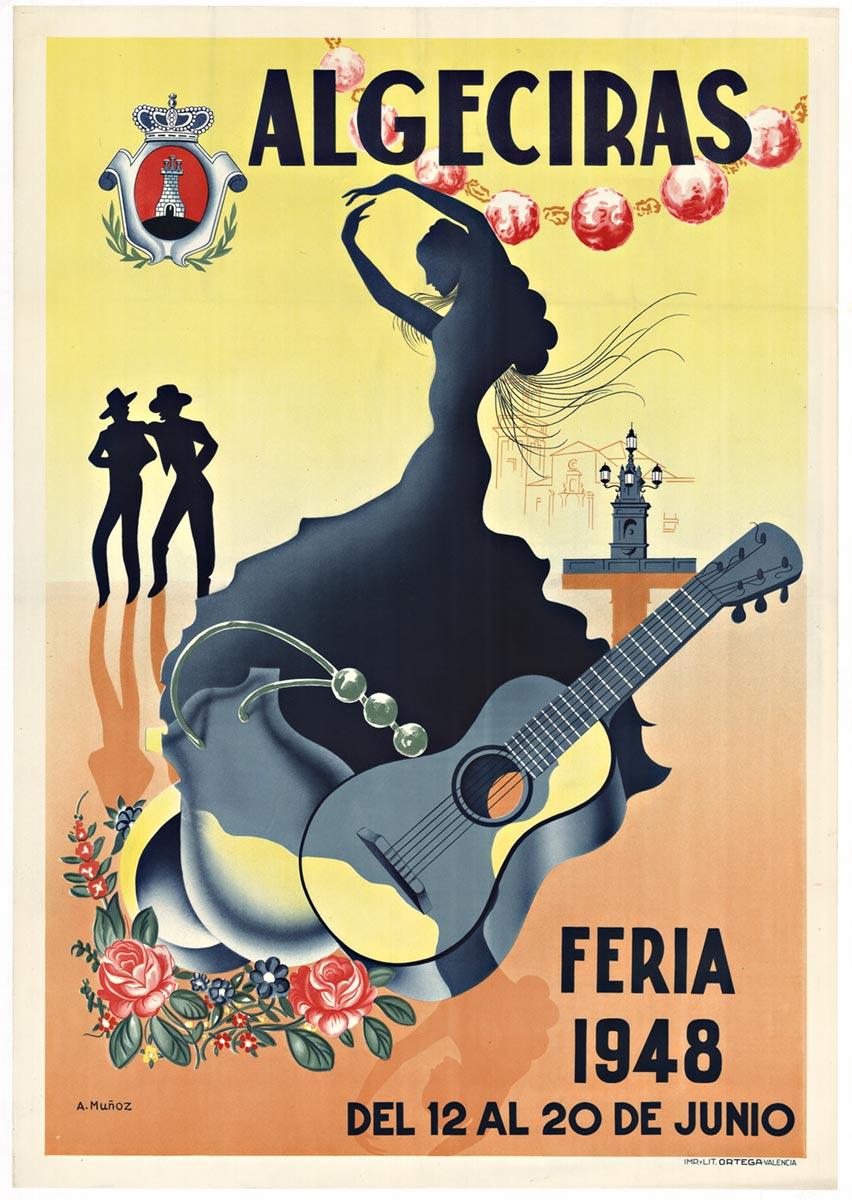 A MUÑOZ Print - Original Algeciras Feria 1948 vintage Spanish travel lithograph poster