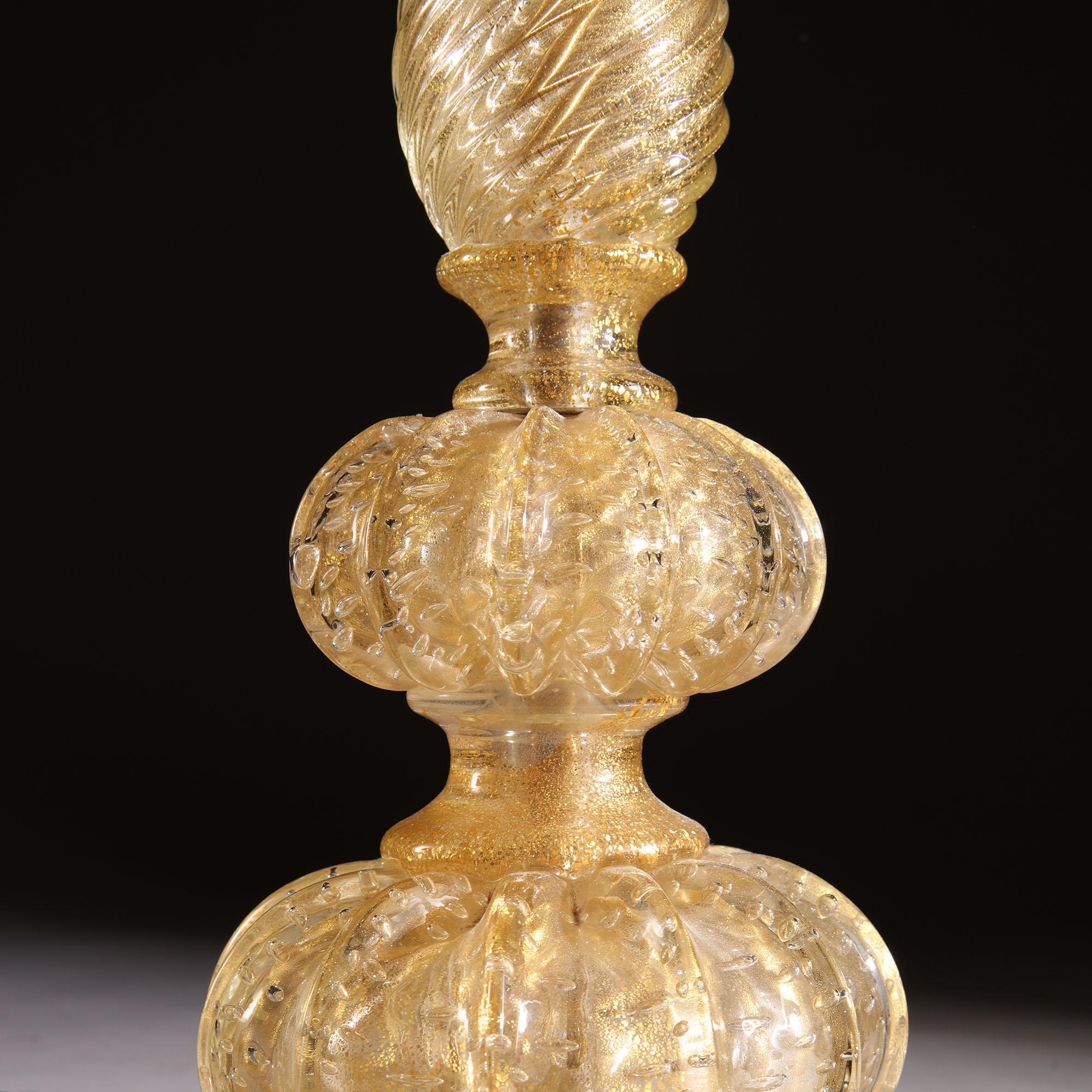 Italian Murano Glass Lamp by Barovier & Toso with Gold Twisted Pulegoso Glass Stem
