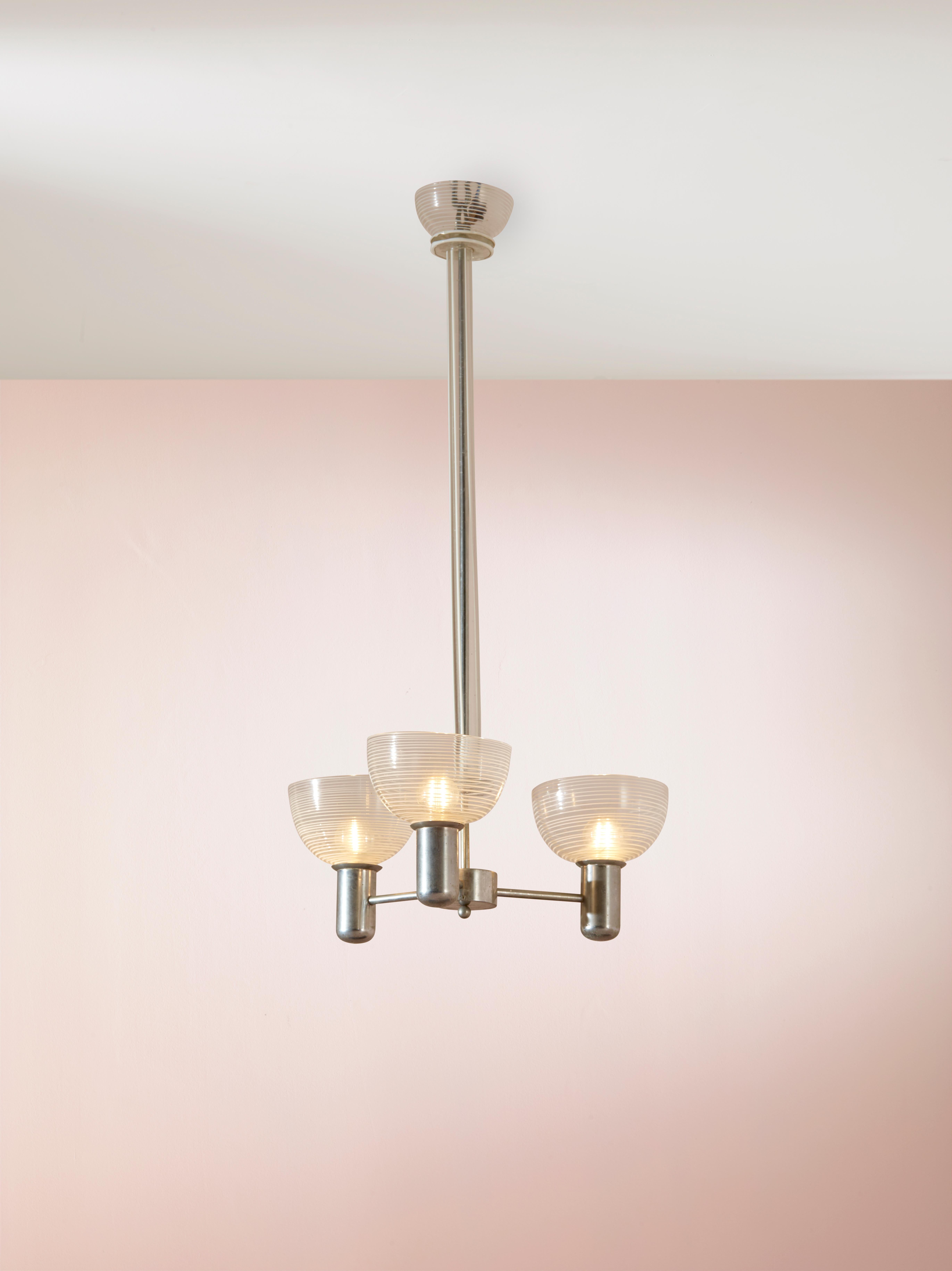 Metal Murano Rationalist Chandelier with Filigrana and Lattimo Glass, Italy, 1930s For Sale