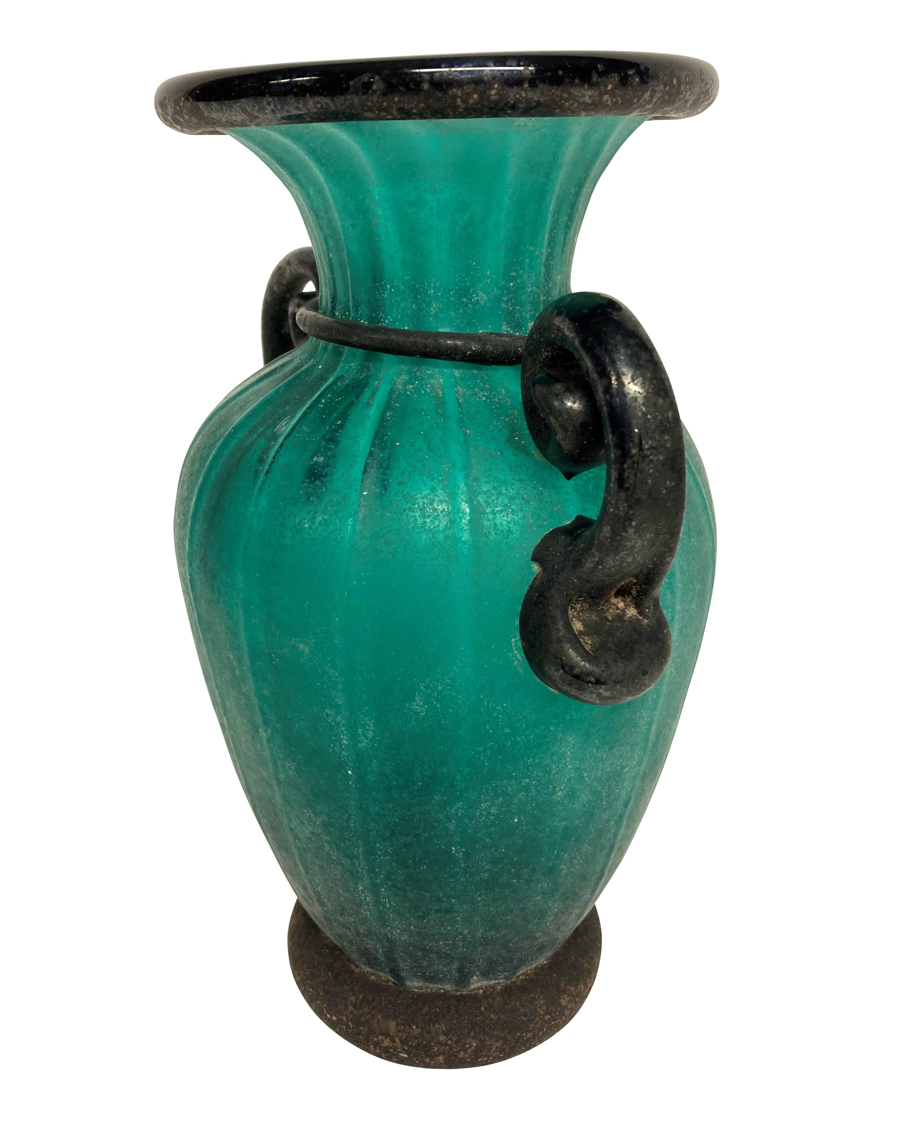 A beautiful Murano, Roman style scavo glass twin handled vase, after the antique.