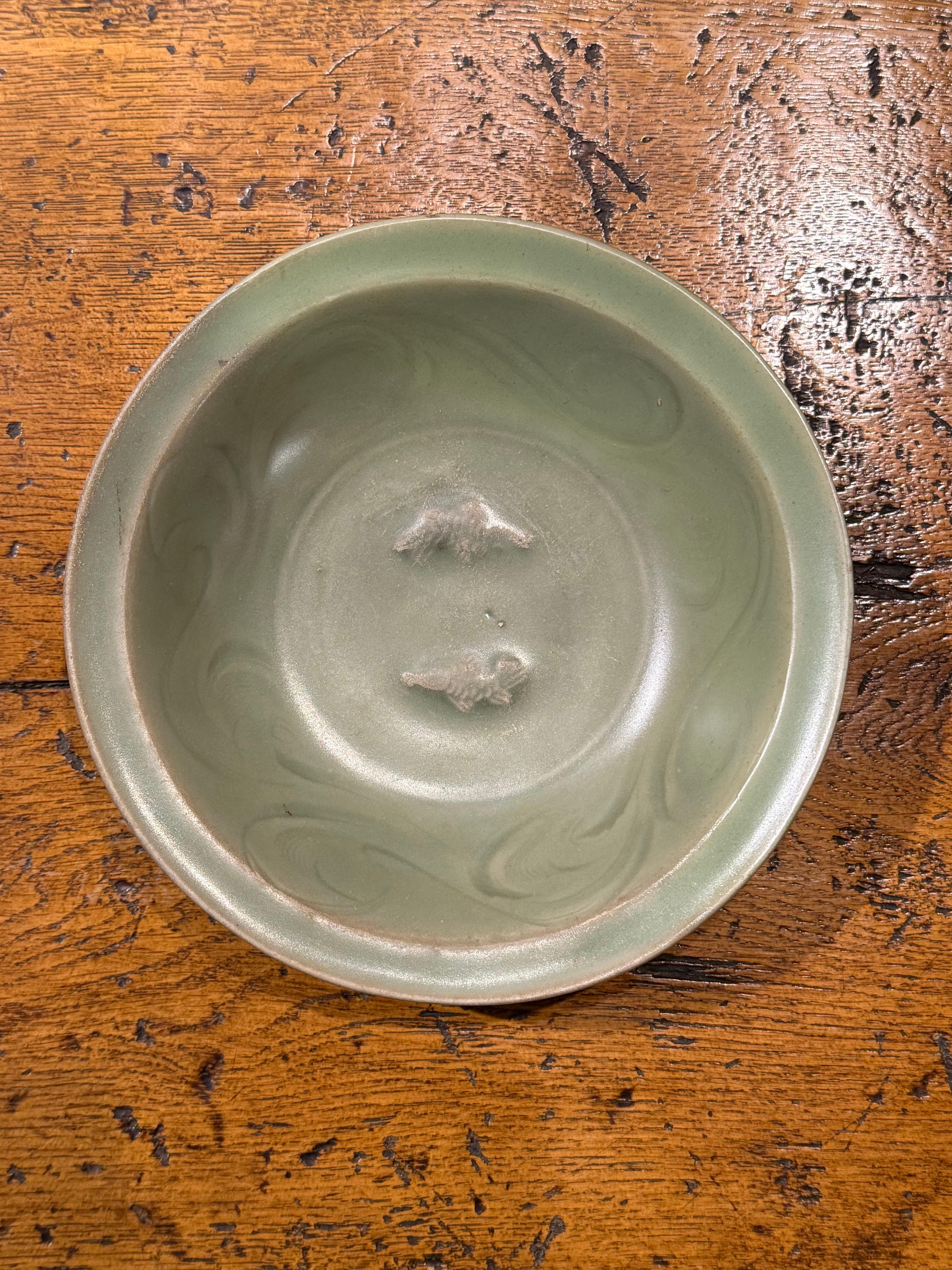 A Museum Quality Chinese Longquan Twin Fish Celadon Glazed Bowl, Song Dynasty

Description:
Celadon, 2 fish design at the center, scroll design on the cavetto.

Provenance: Private Australian Collection.

Note:
This piece comes with certificate from