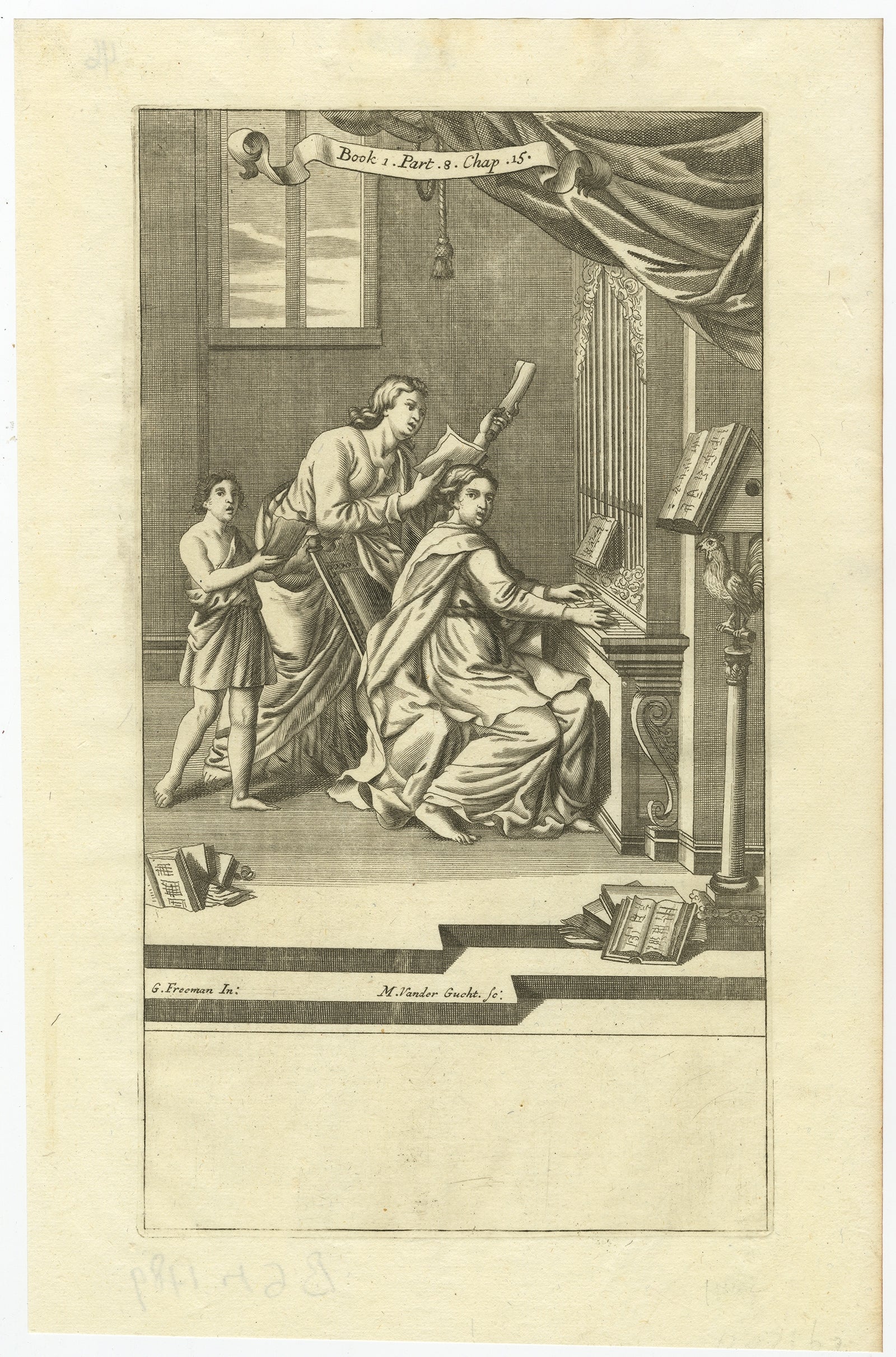 Dieser Druck ist eine Illustration aus dem 1686 erschienenen Buch The Gentleman's Recreation von Richard Blome und zeigt eine Gruppe von Menschen, die musizieren, wobei eine Person eine Orgel spielt. Das Bild ist eine Mischung aus früher englischer