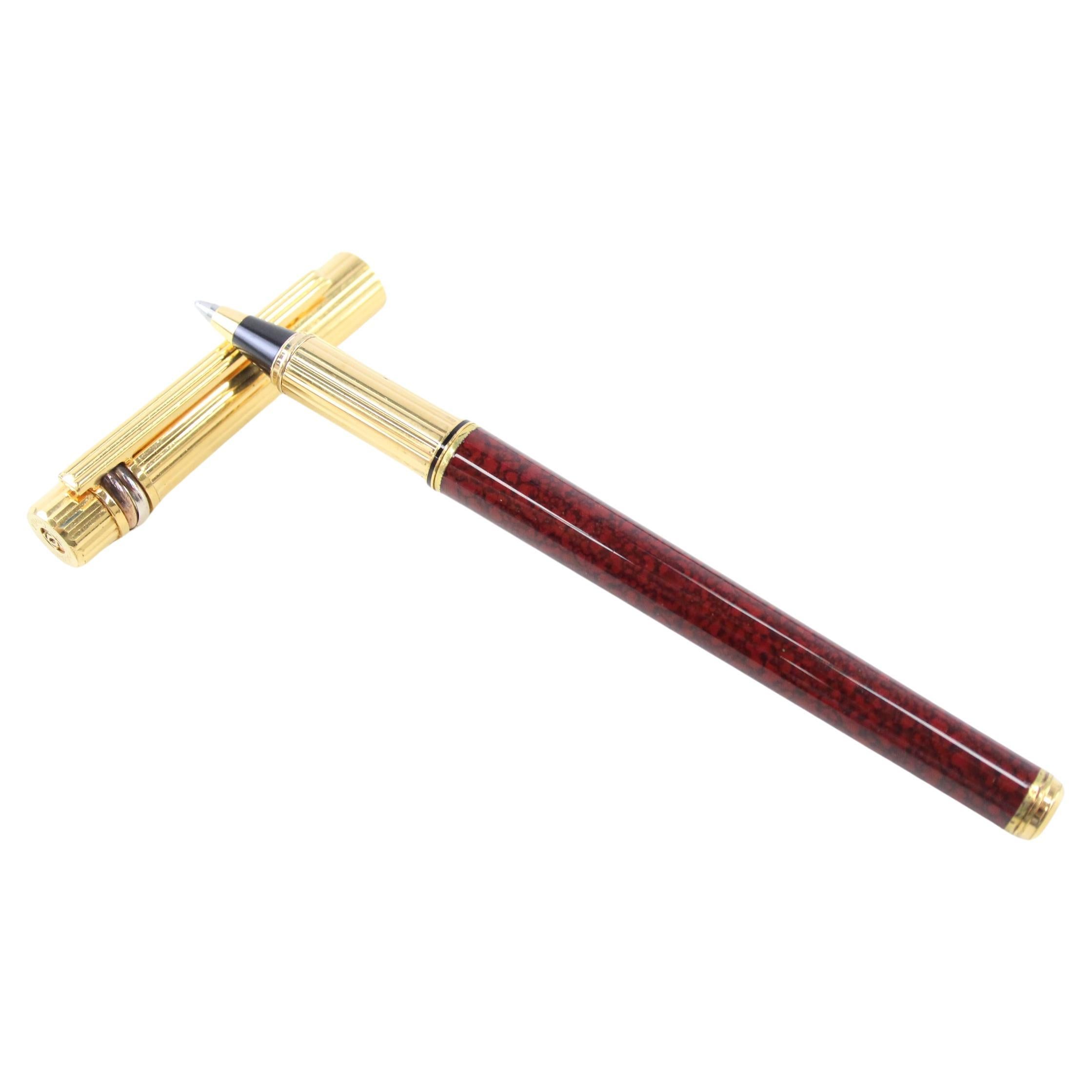 Art Deco Cartier 18ct Gold Nib Burgundy Lacquer Trinity Rollerball Writing Pen For Sale